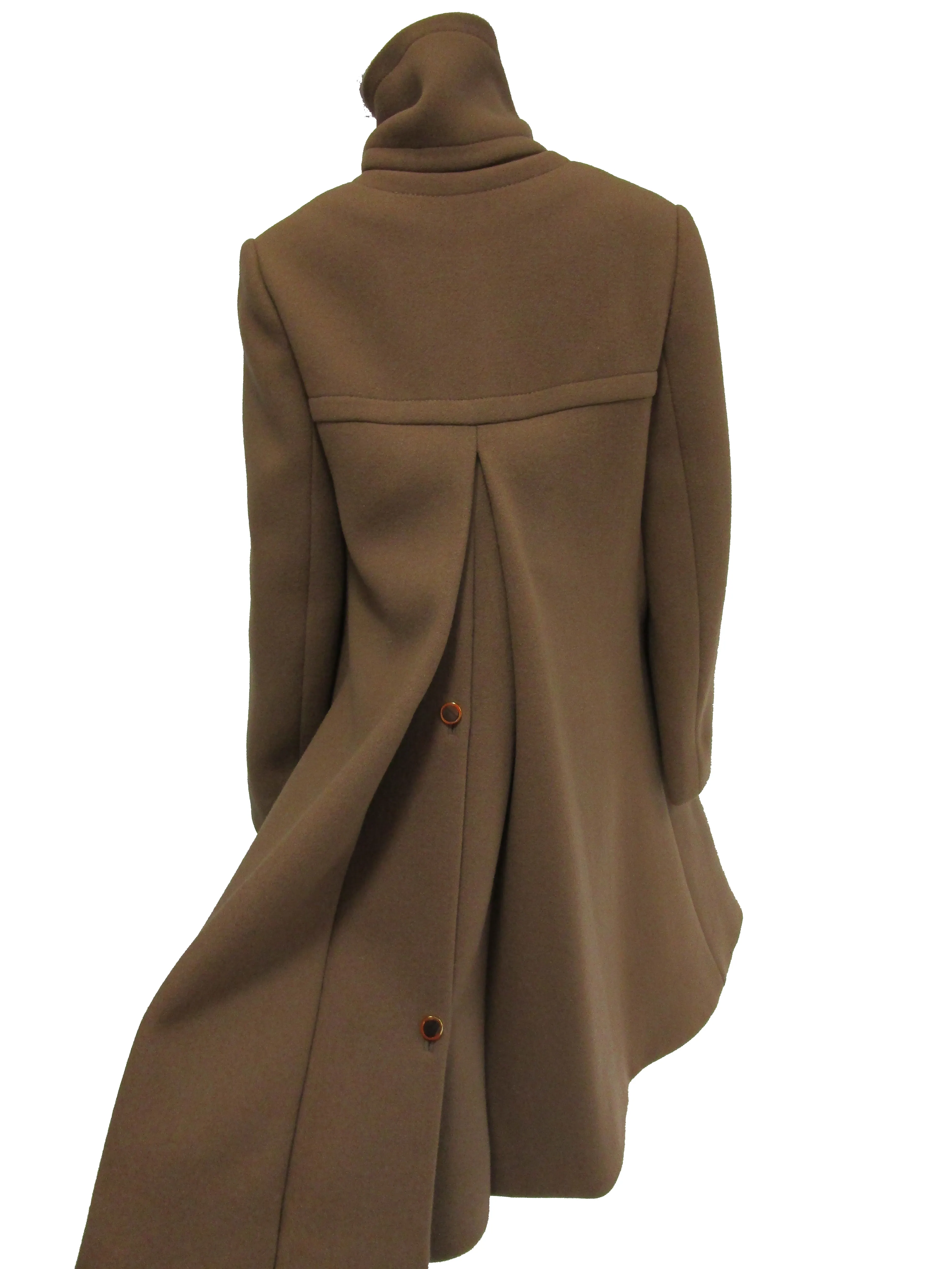 1970s Galanos Brown Wool Coat with Pleat Detail and Wooden Buttons