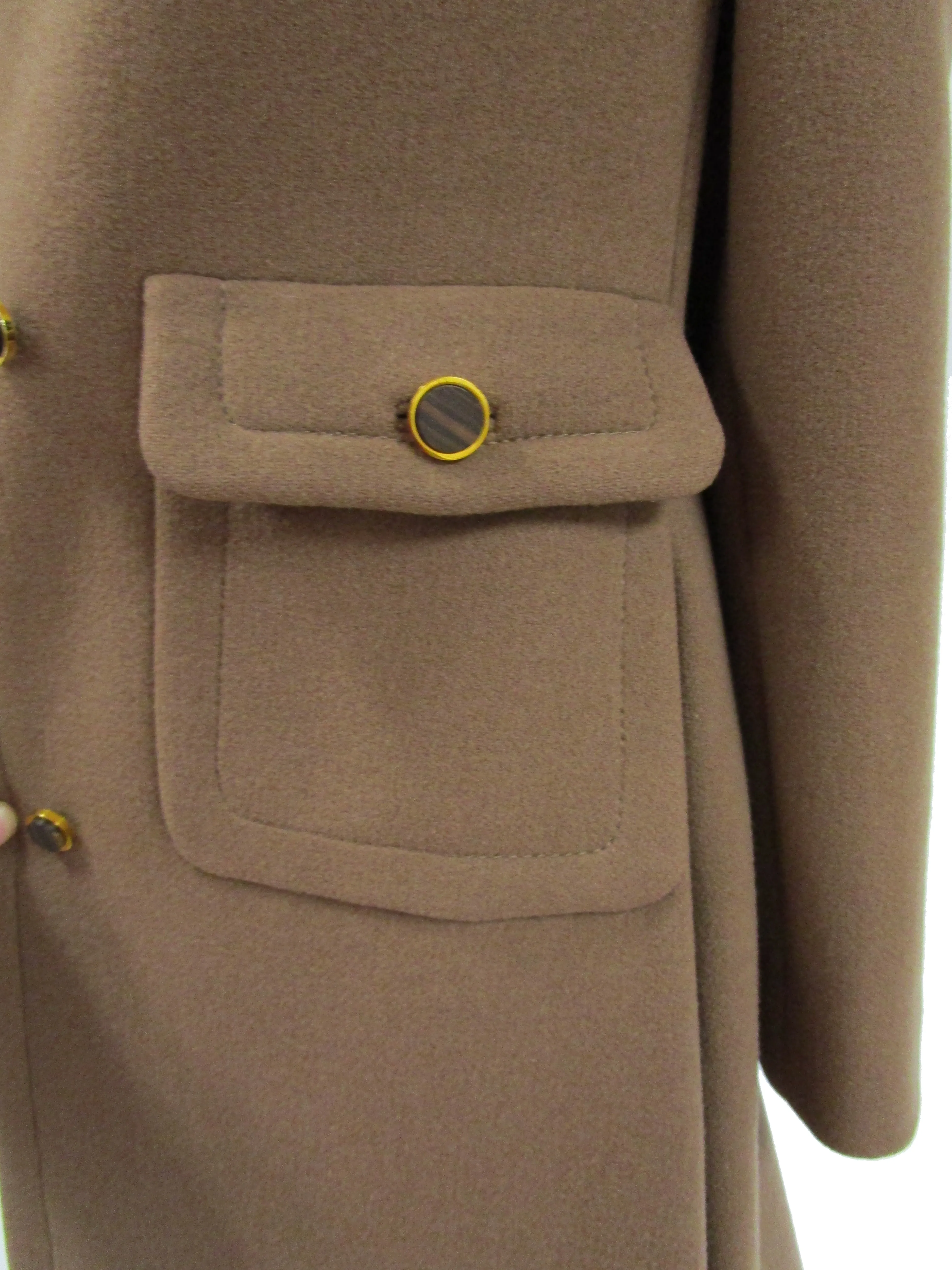 1970s Galanos Brown Wool Coat with Pleat Detail and Wooden Buttons