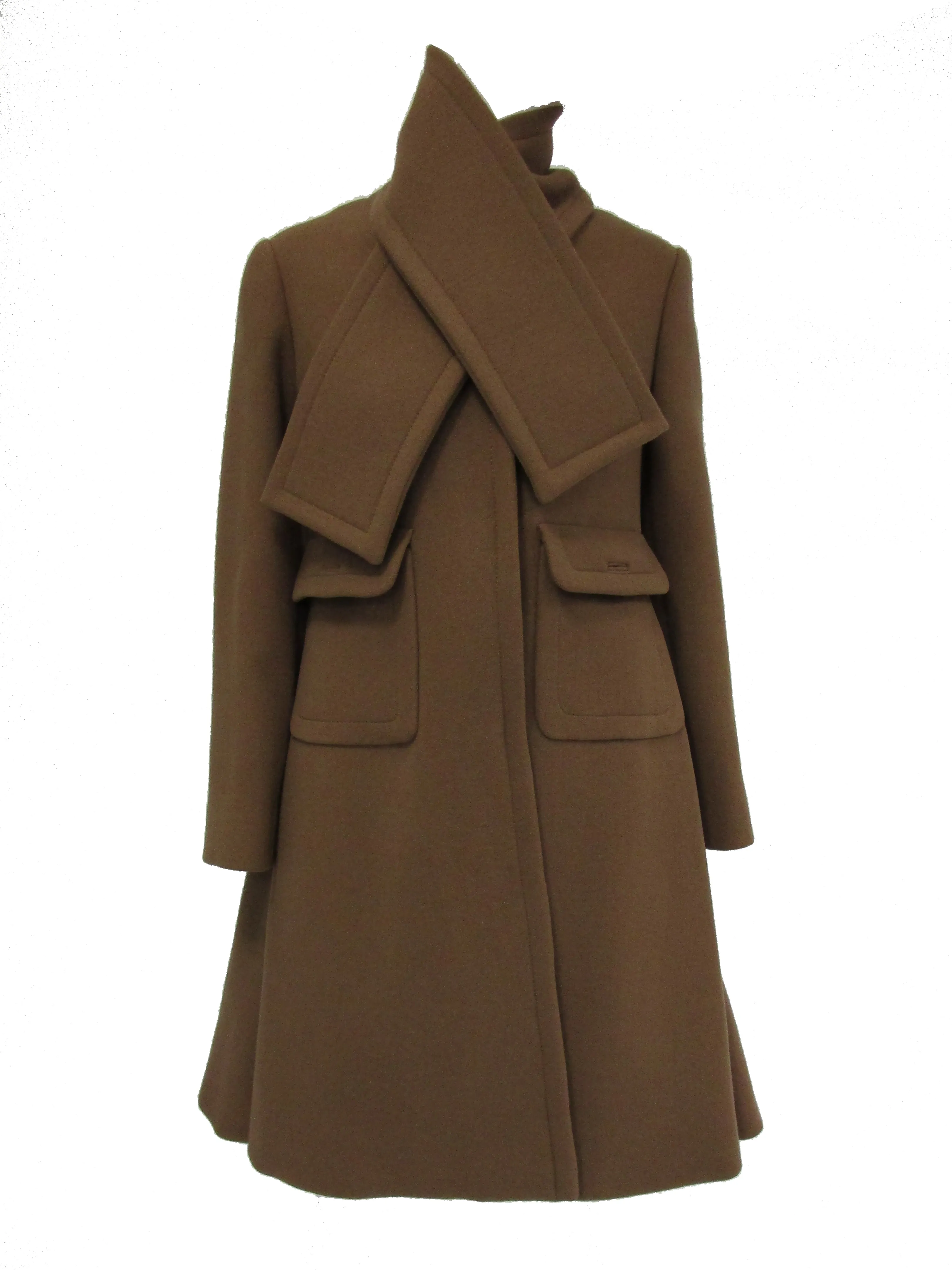 1970s Galanos Brown Wool Coat with Pleat Detail and Wooden Buttons