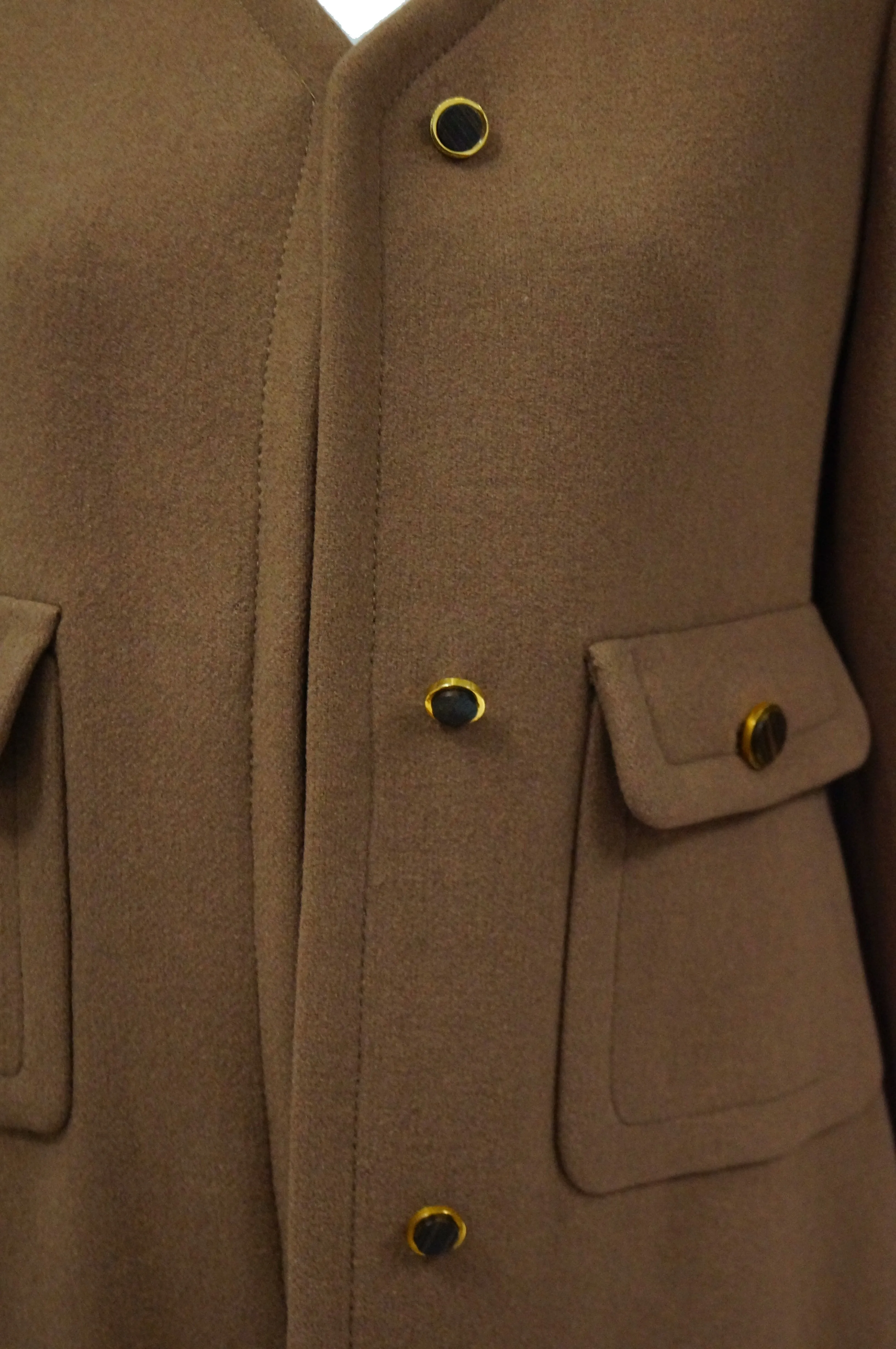 1970s Galanos Brown Wool Coat with Pleat Detail and Wooden Buttons