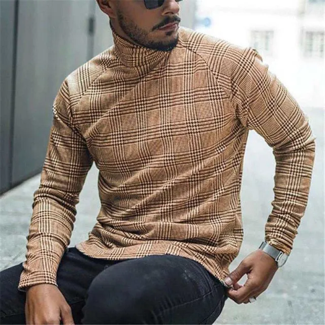 Aidase Autumn Casual Plaid Print Shirt Mens Spring Fashion Turtleneck Pullover Tops Male Long Sleeve Slim Tee Shirt Streetwear 4XL