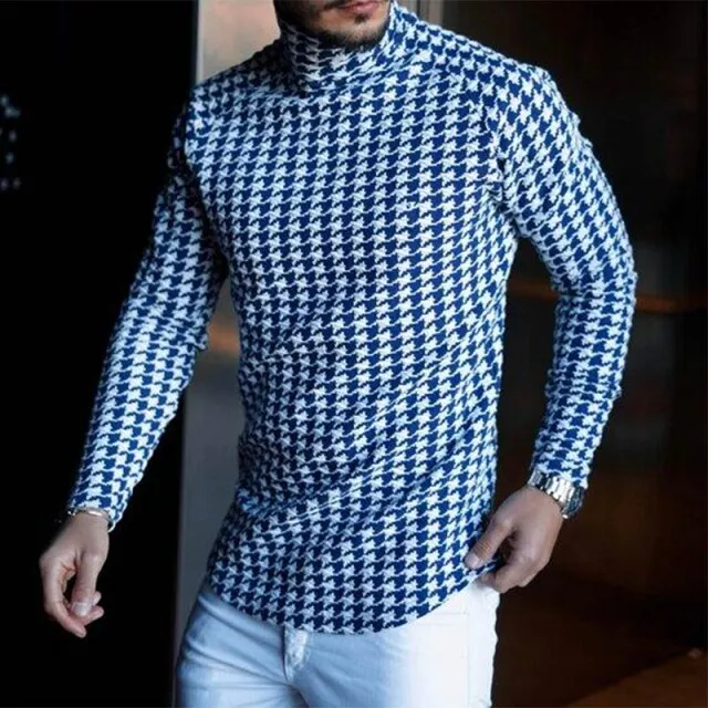 Aidase Autumn Casual Plaid Print Shirt Mens Spring Fashion Turtleneck Pullover Tops Male Long Sleeve Slim Tee Shirt Streetwear 4XL