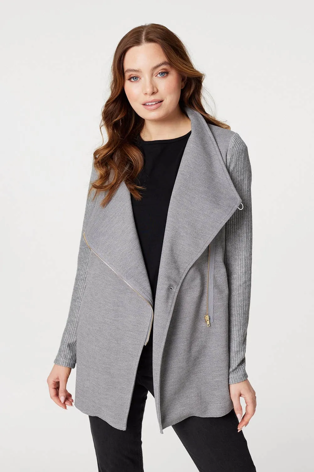 Asymmetric Ribbed Sleeve Coat