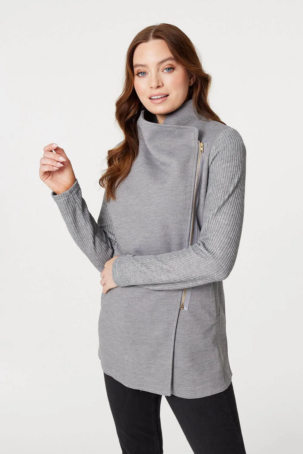 Asymmetric Ribbed Sleeve Coat