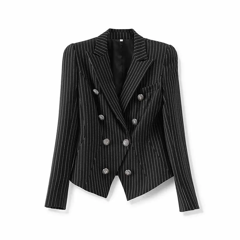 Black Checked Blazer Double Breasted Jacket Formal Business Coat For Women