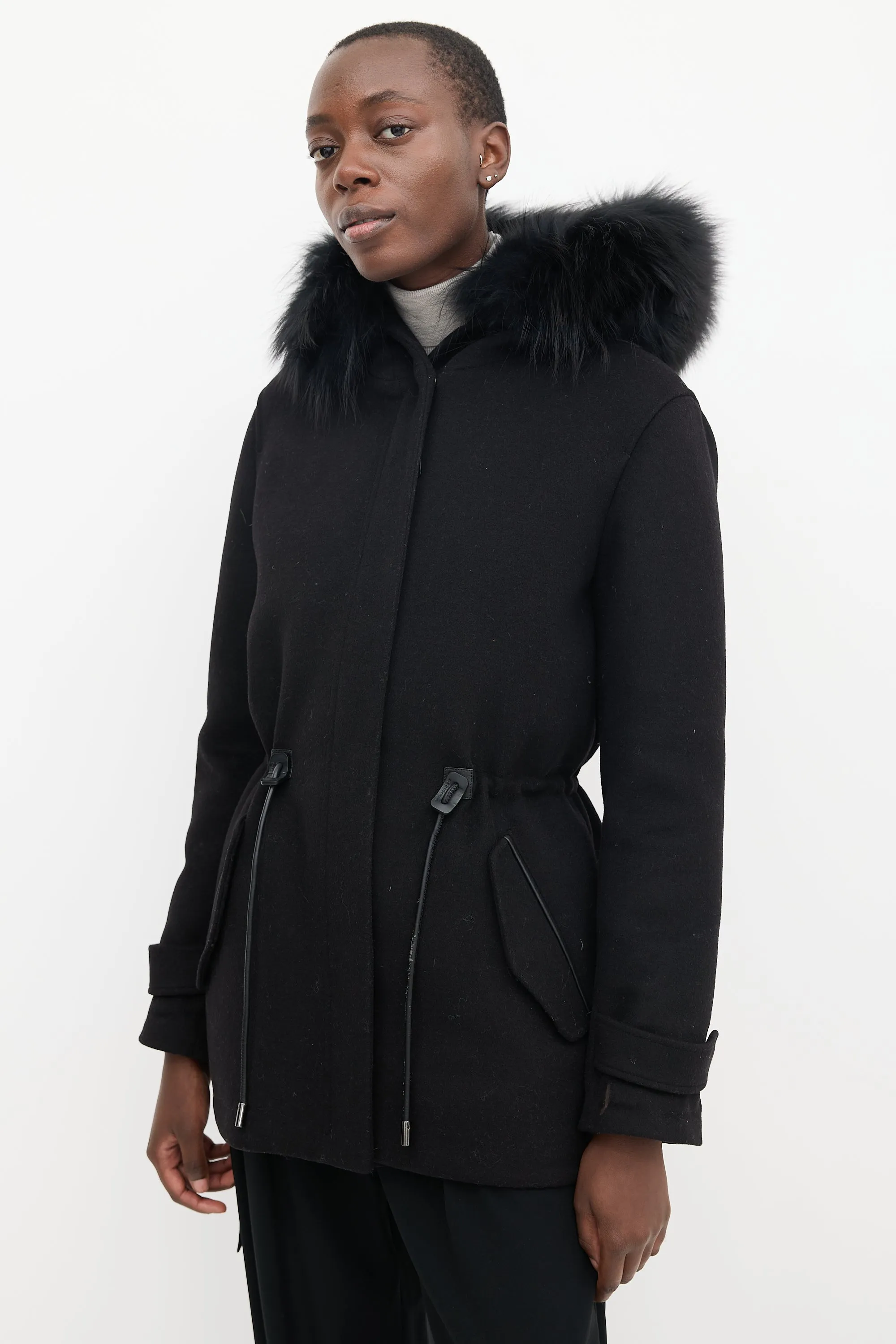 Black Wool & Fur Trimmed Mid Length Padded Jacket