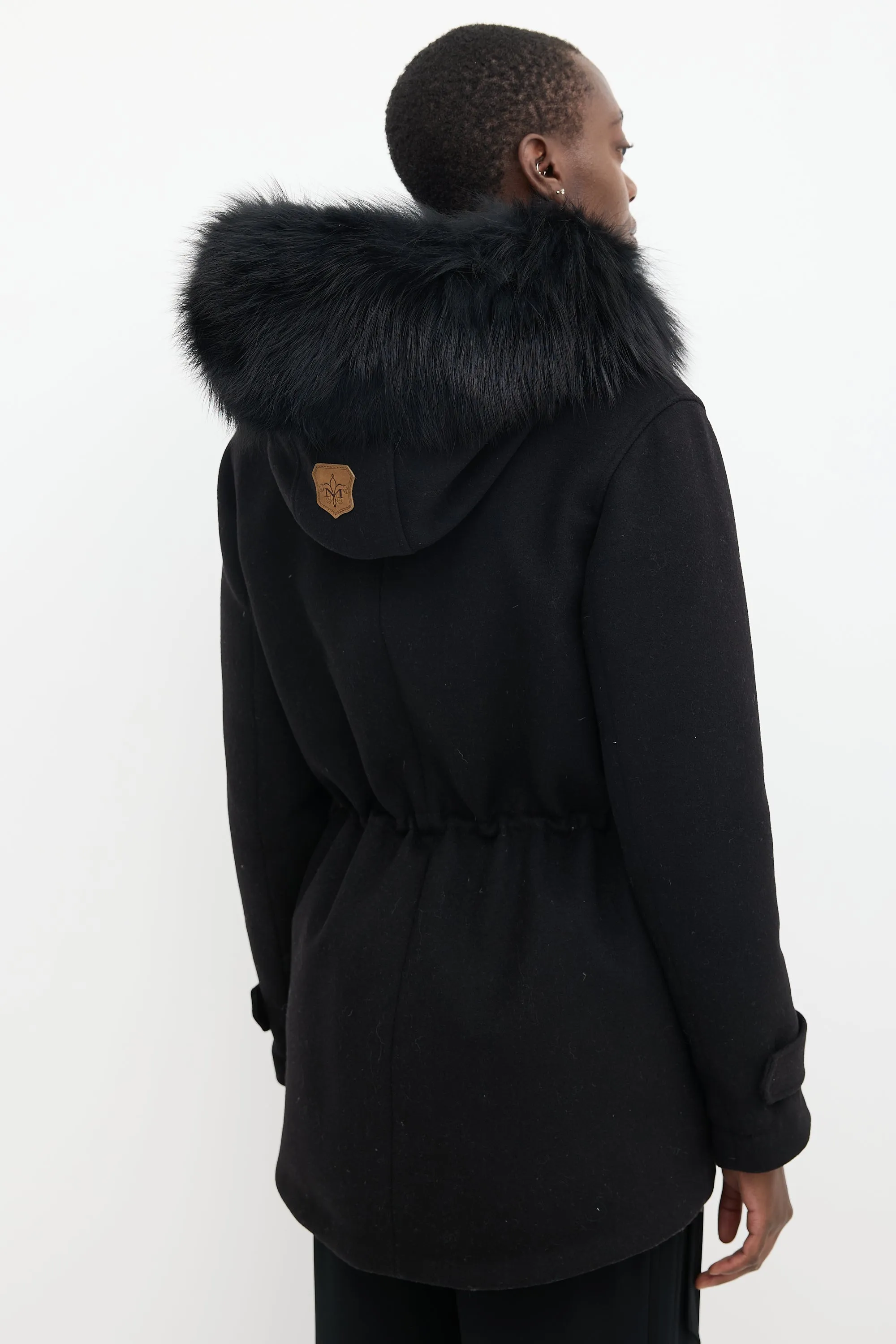 Black Wool & Fur Trimmed Mid Length Padded Jacket