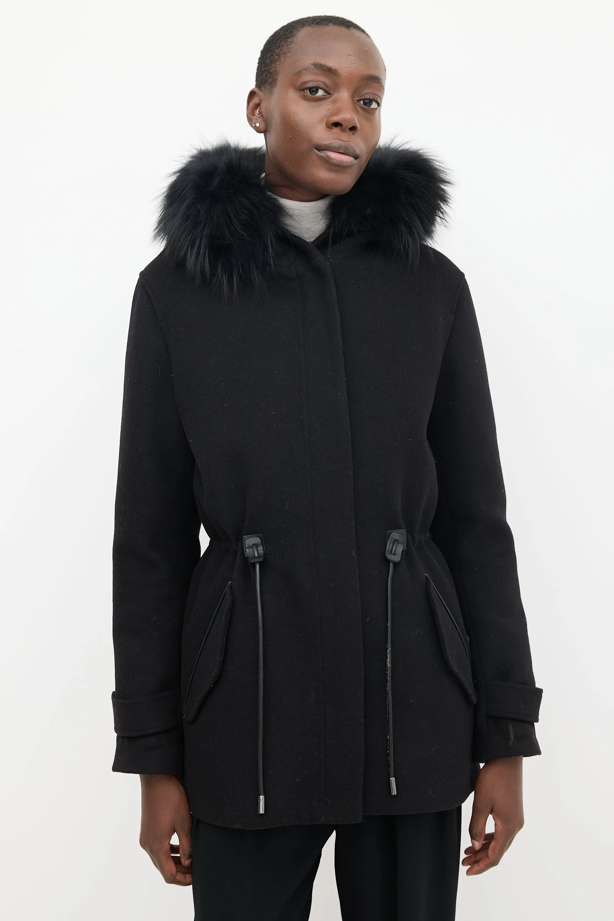 Black Wool & Fur Trimmed Mid Length Padded Jacket