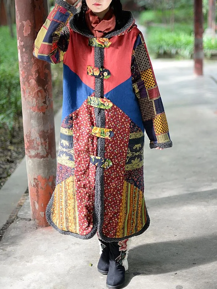 Boho Winter Patchwork Lamb Cashmere Thick Long Cotton Coat