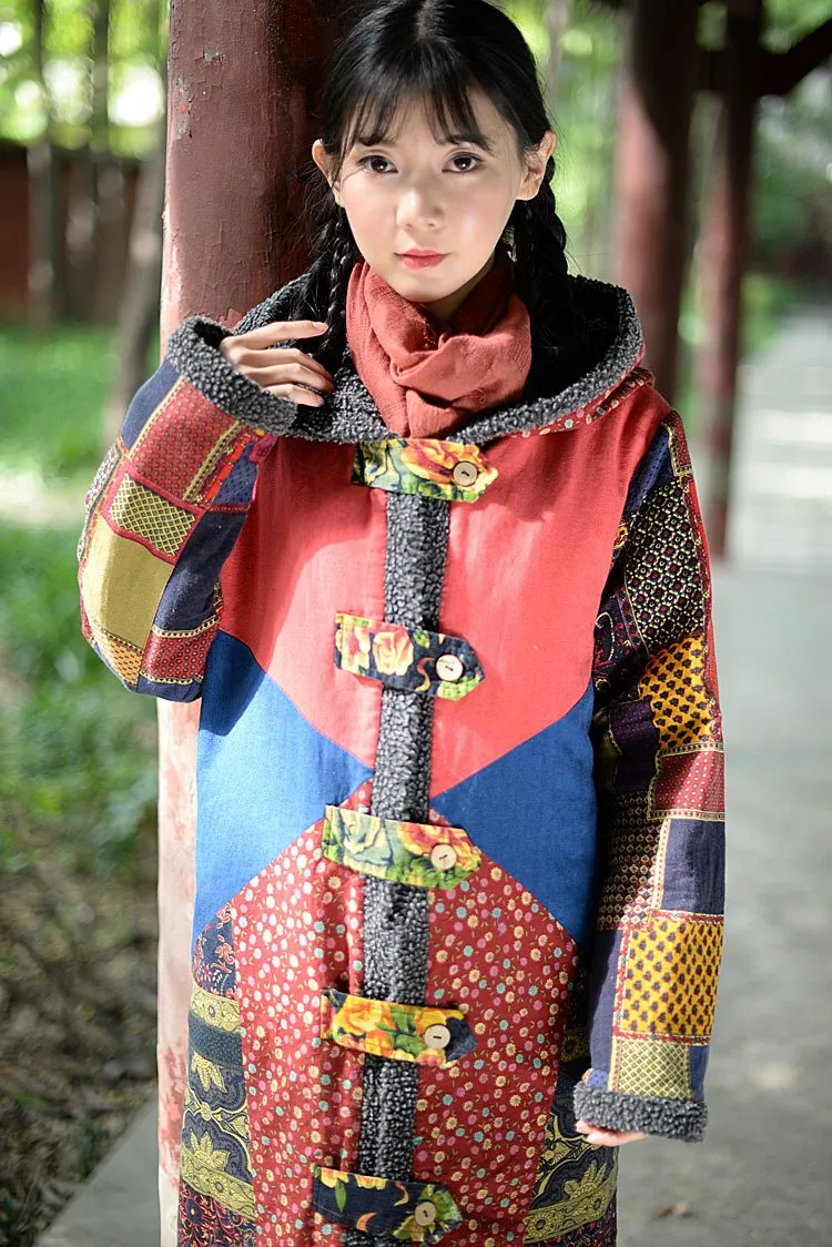 Boho Winter Patchwork Lamb Cashmere Thick Long Cotton Coat