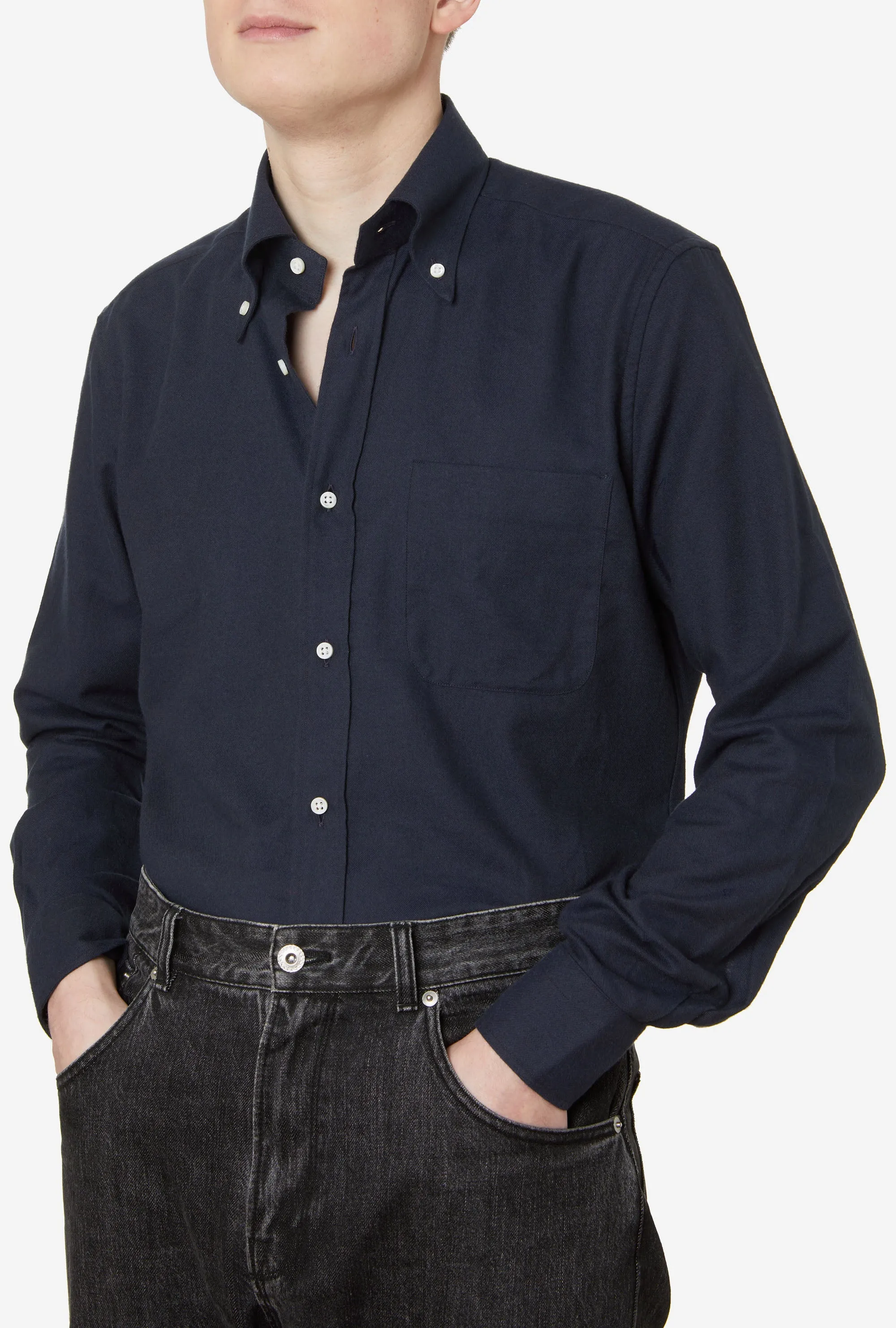 Button Down Sport Shirt Wool-Cotton Navy