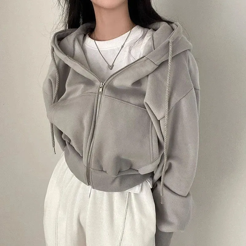 Casual Hood Sweatshirt Women Y2K Zip Up Hoodies Solid Harajuku Long Sleeve Shirt Oversized Crop Tops Female Loose Jackets Coat