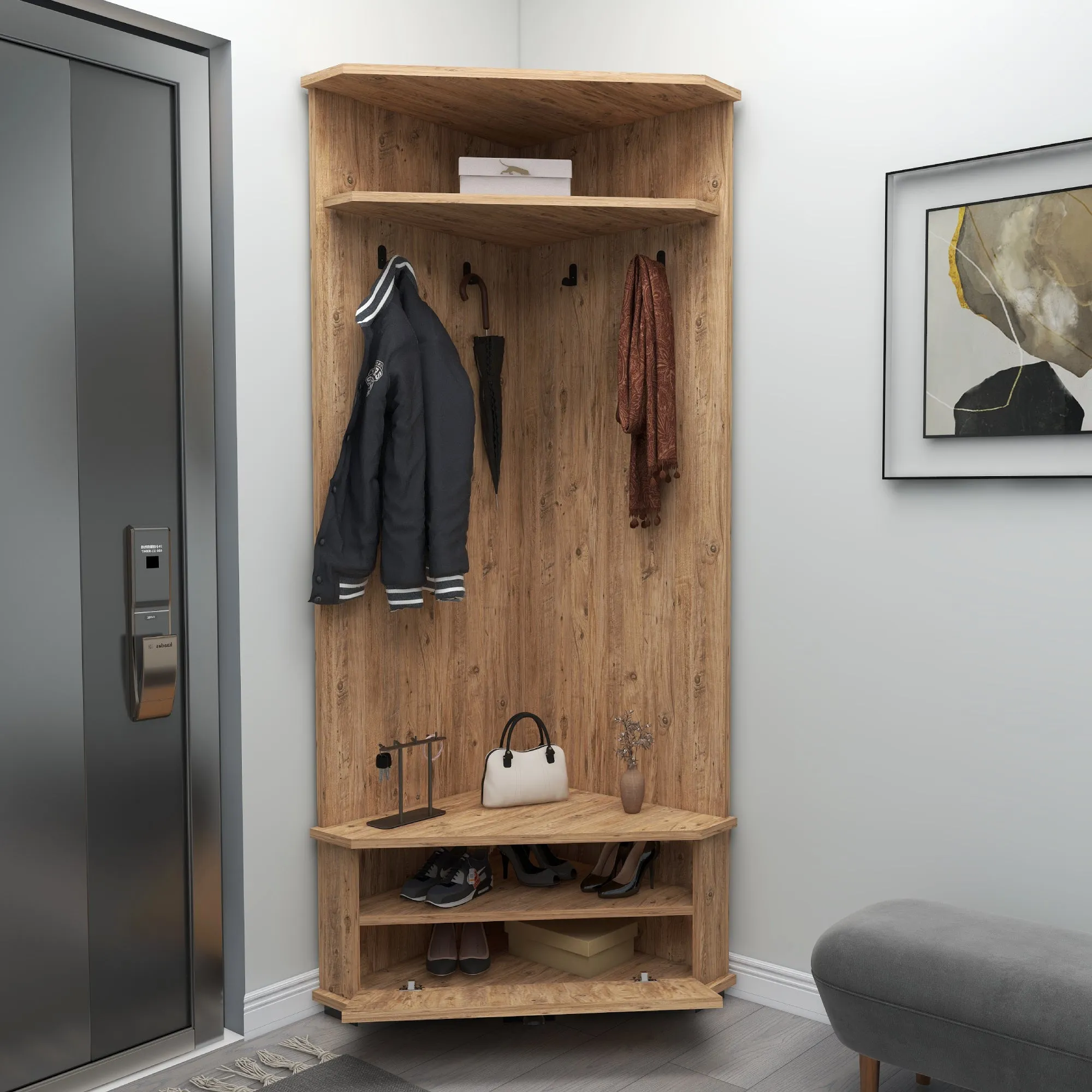 Corner Hallway Coat Rack with Cabinet Reina