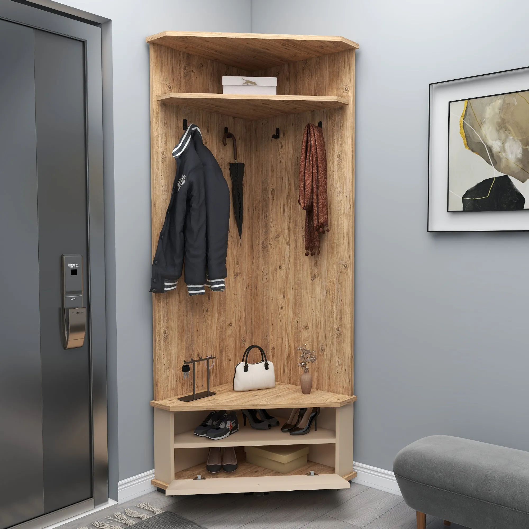 Corner Hallway Coat Rack with Cabinet Reina