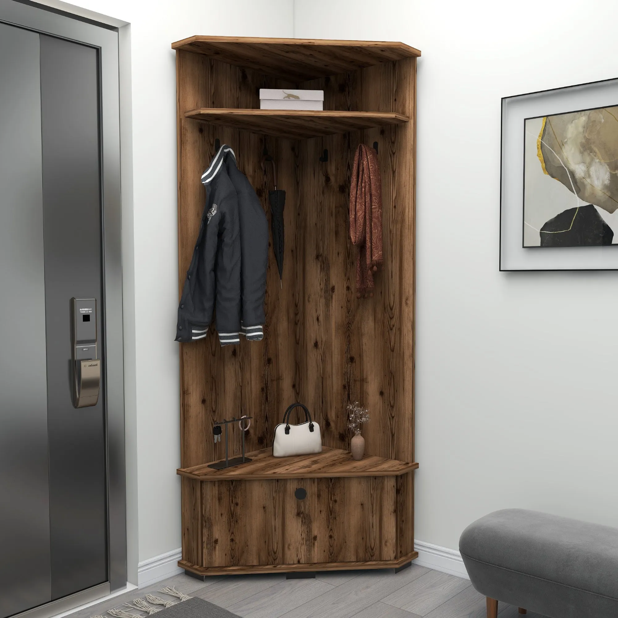 Corner Hallway Coat Rack with Cabinet Reina