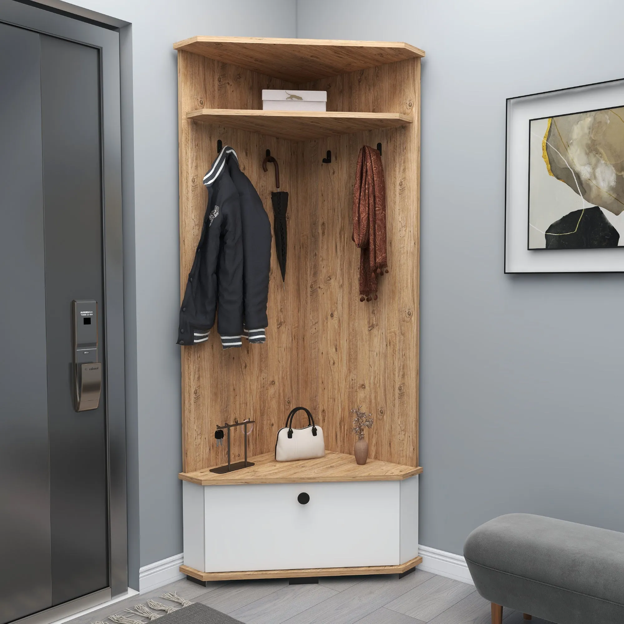 Corner Hallway Coat Rack with Cabinet Reina