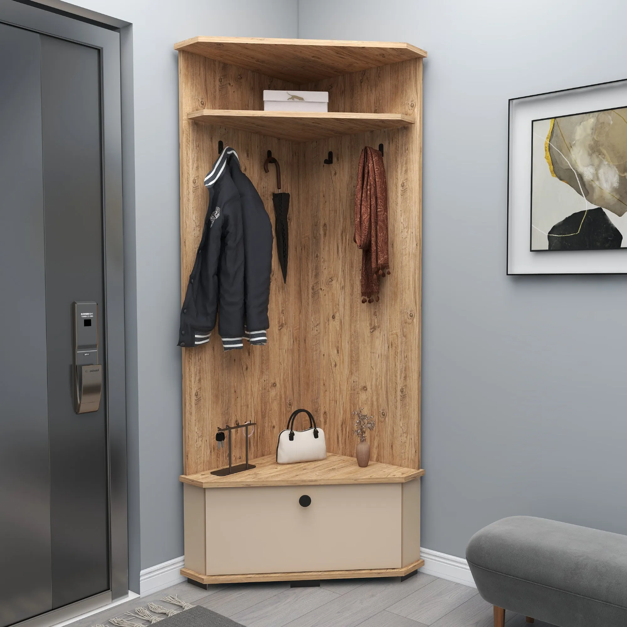 Corner Hallway Coat Rack with Cabinet Reina