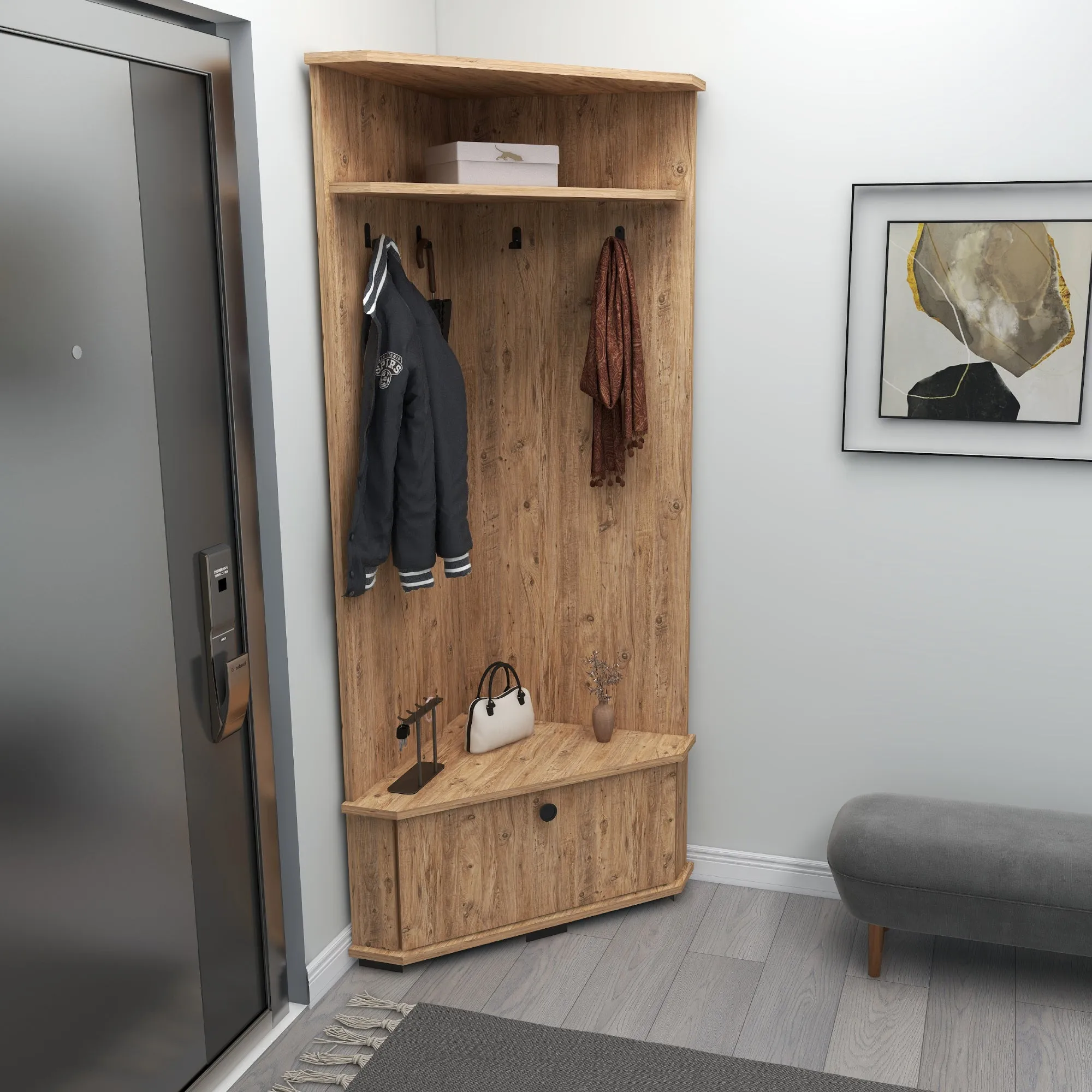 Corner Hallway Coat Rack with Cabinet Reina