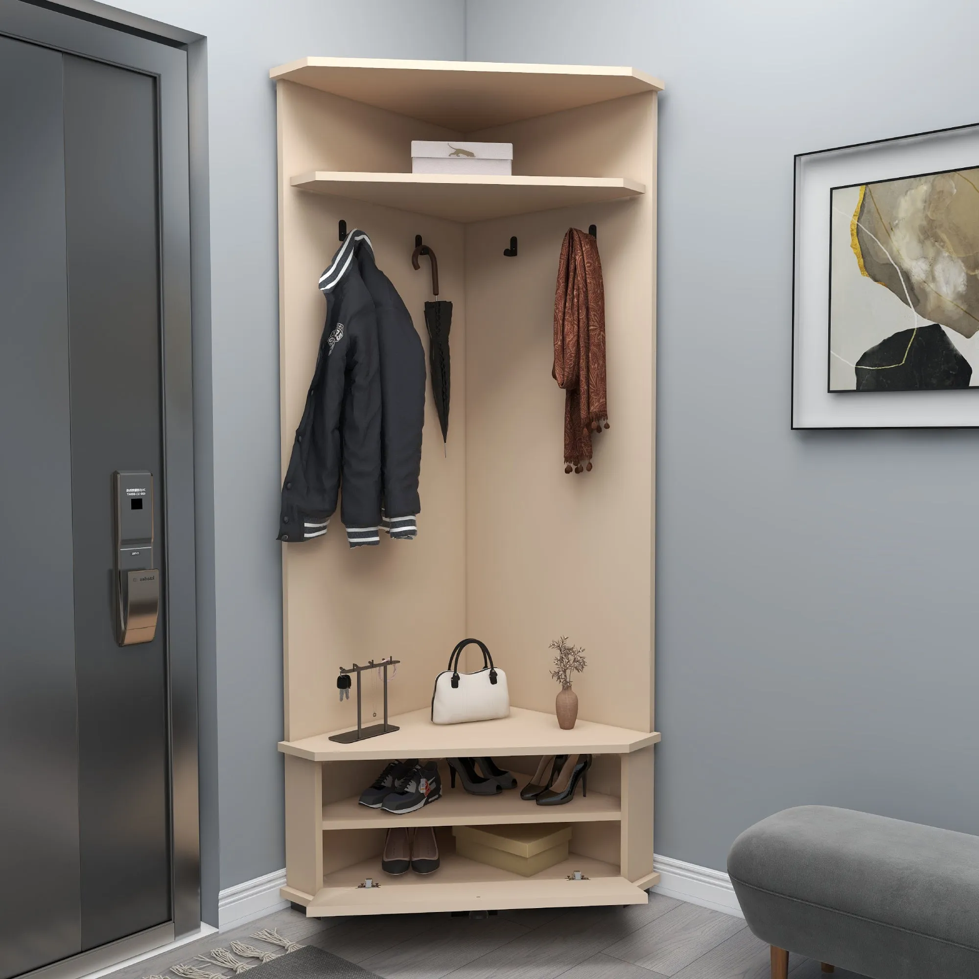 Corner Hallway Coat Rack with Cabinet Reina