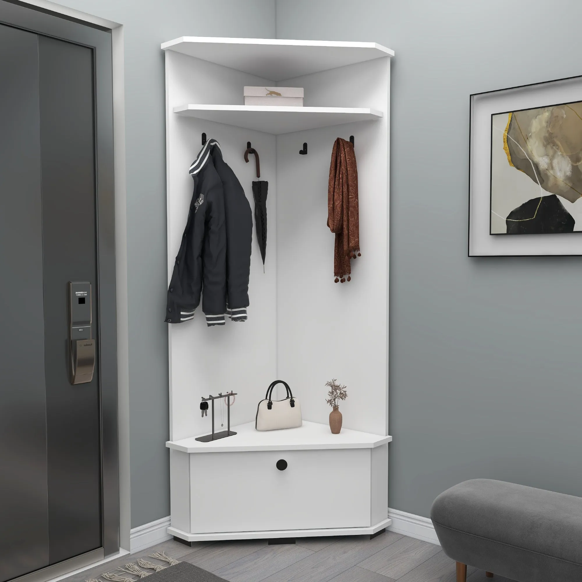 Corner Hallway Coat Rack with Cabinet Reina