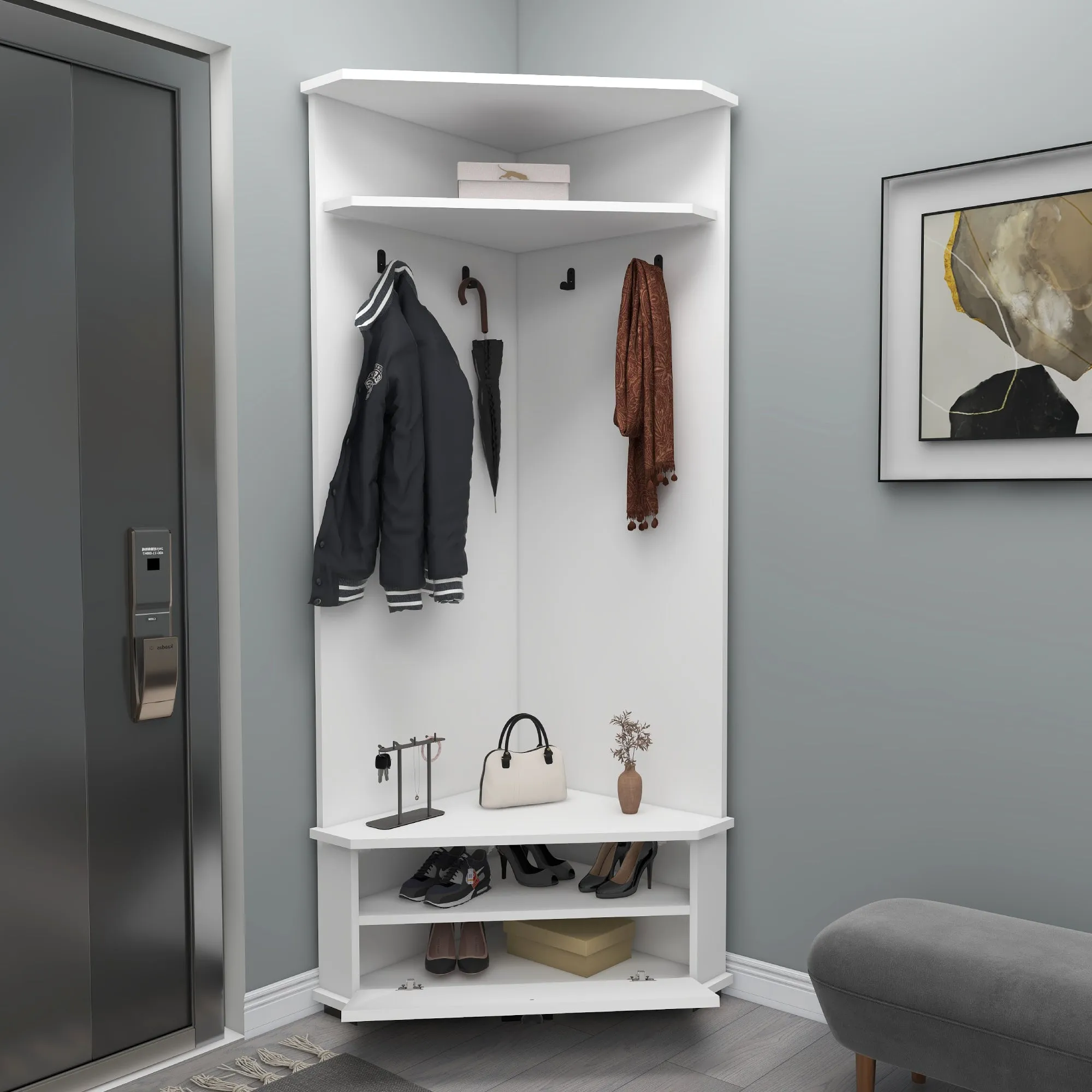 Corner Hallway Coat Rack with Cabinet Reina