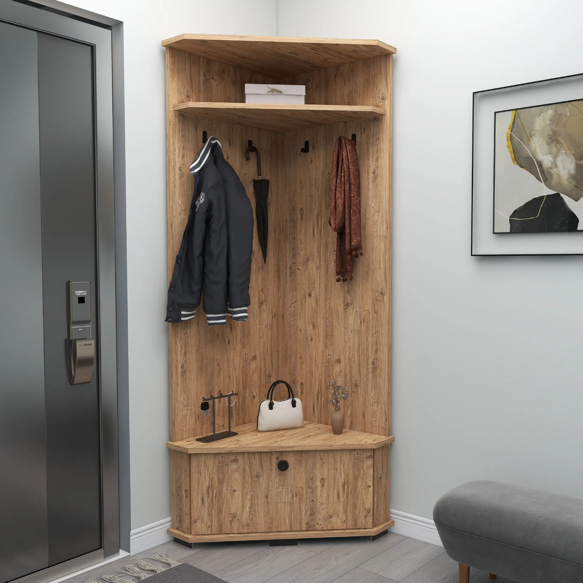 Corner Hallway Coat Rack with Cabinet Reina