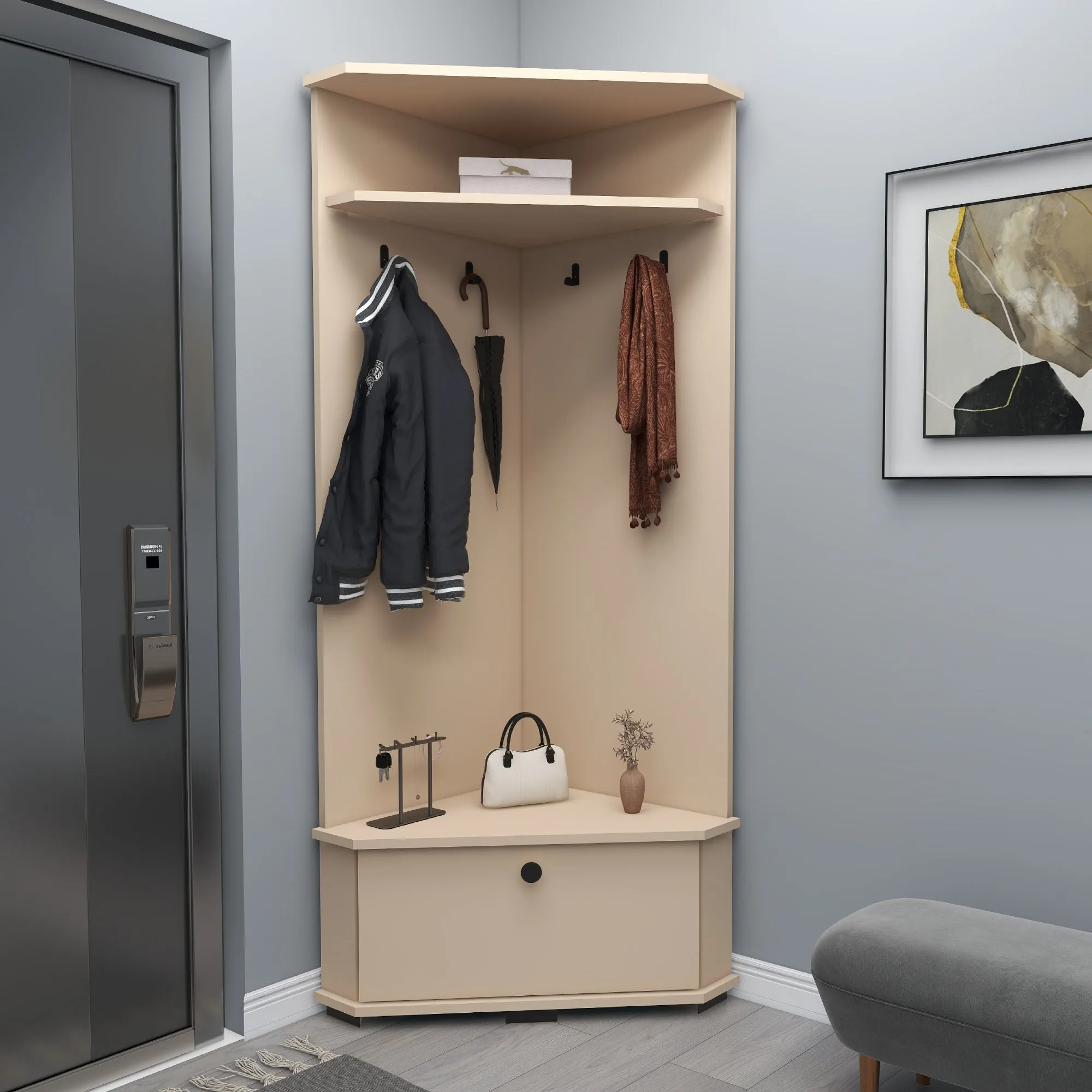 Corner Hallway Coat Rack with Cabinet Reina