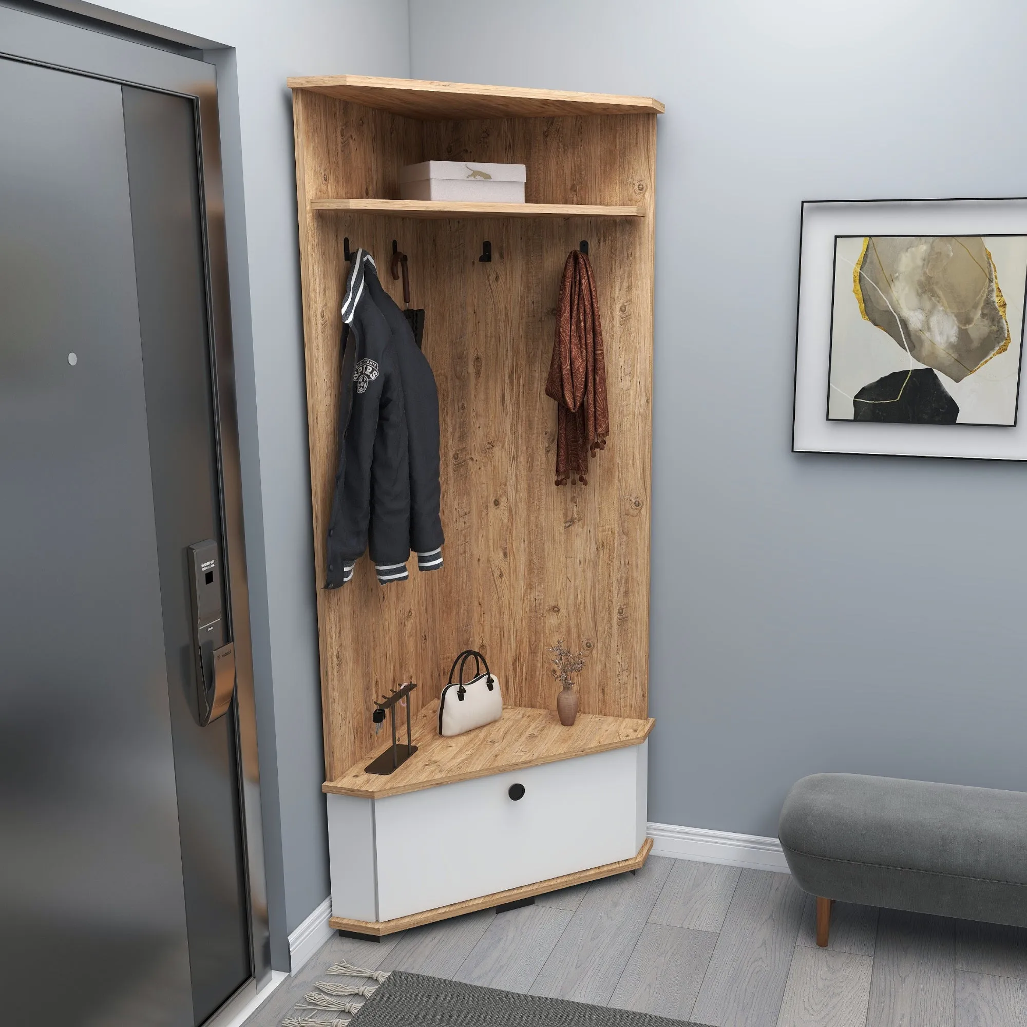 Corner Hallway Coat Rack with Cabinet Reina