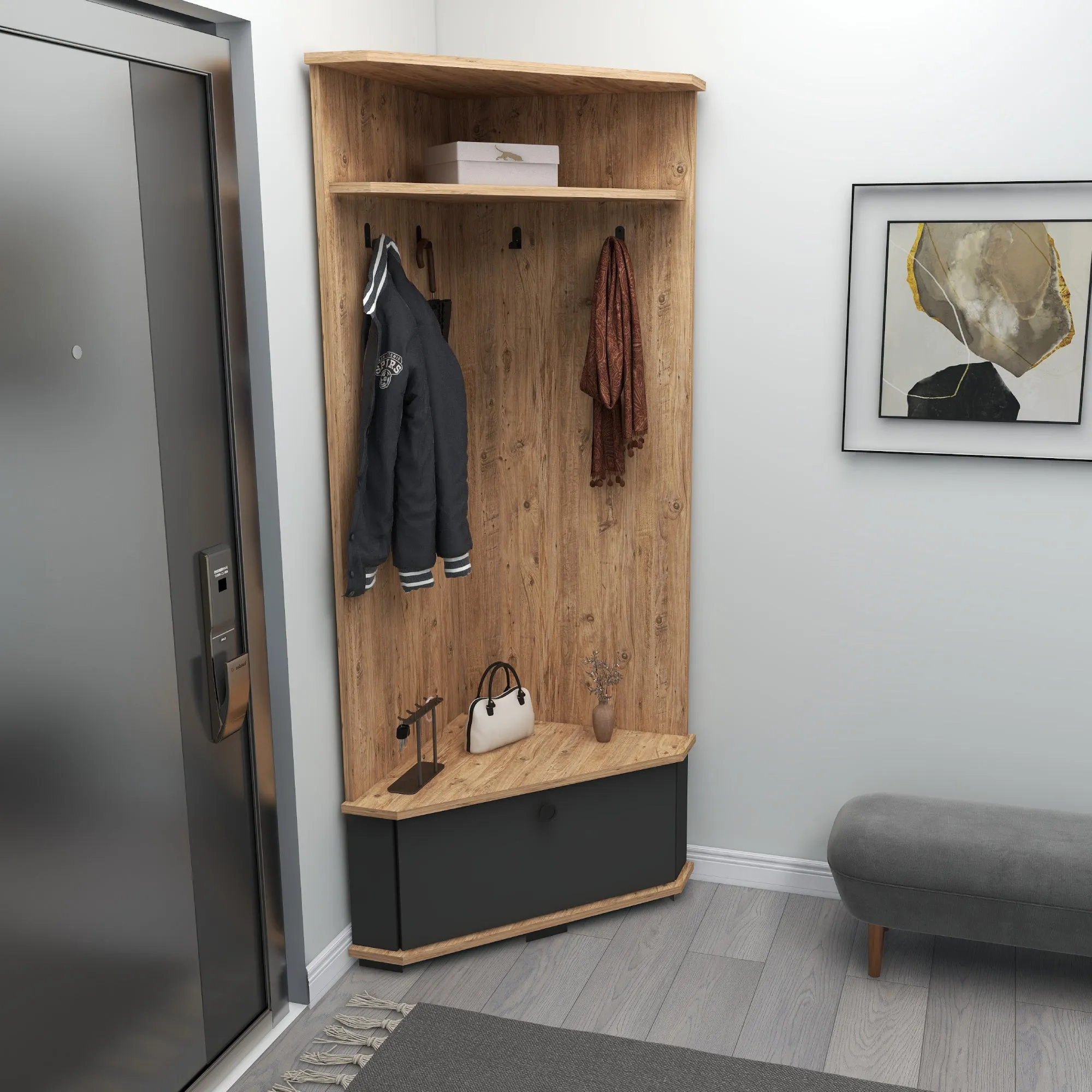 Corner Hallway Coat Rack with Cabinet Reina