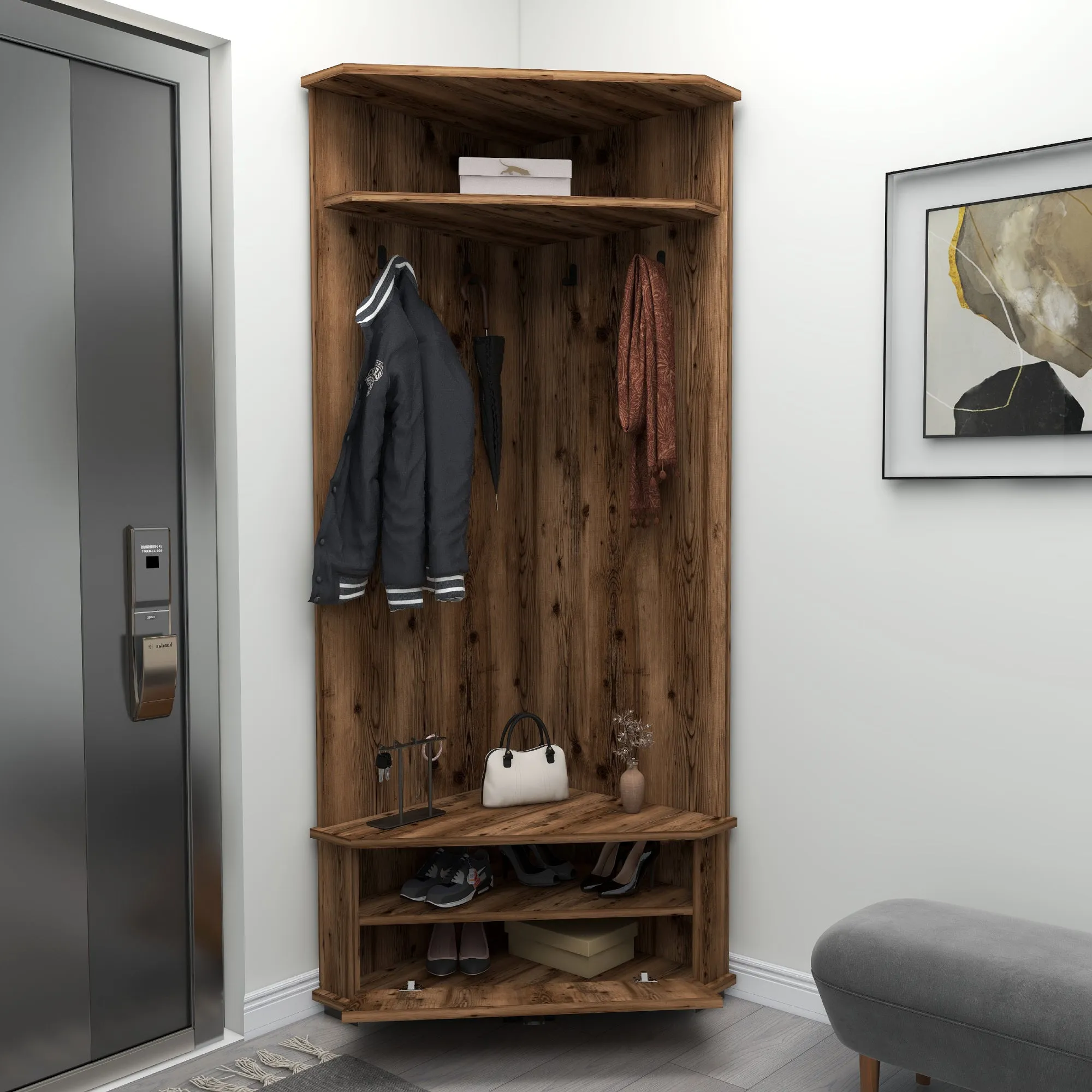 Corner Hallway Coat Rack with Cabinet Reina