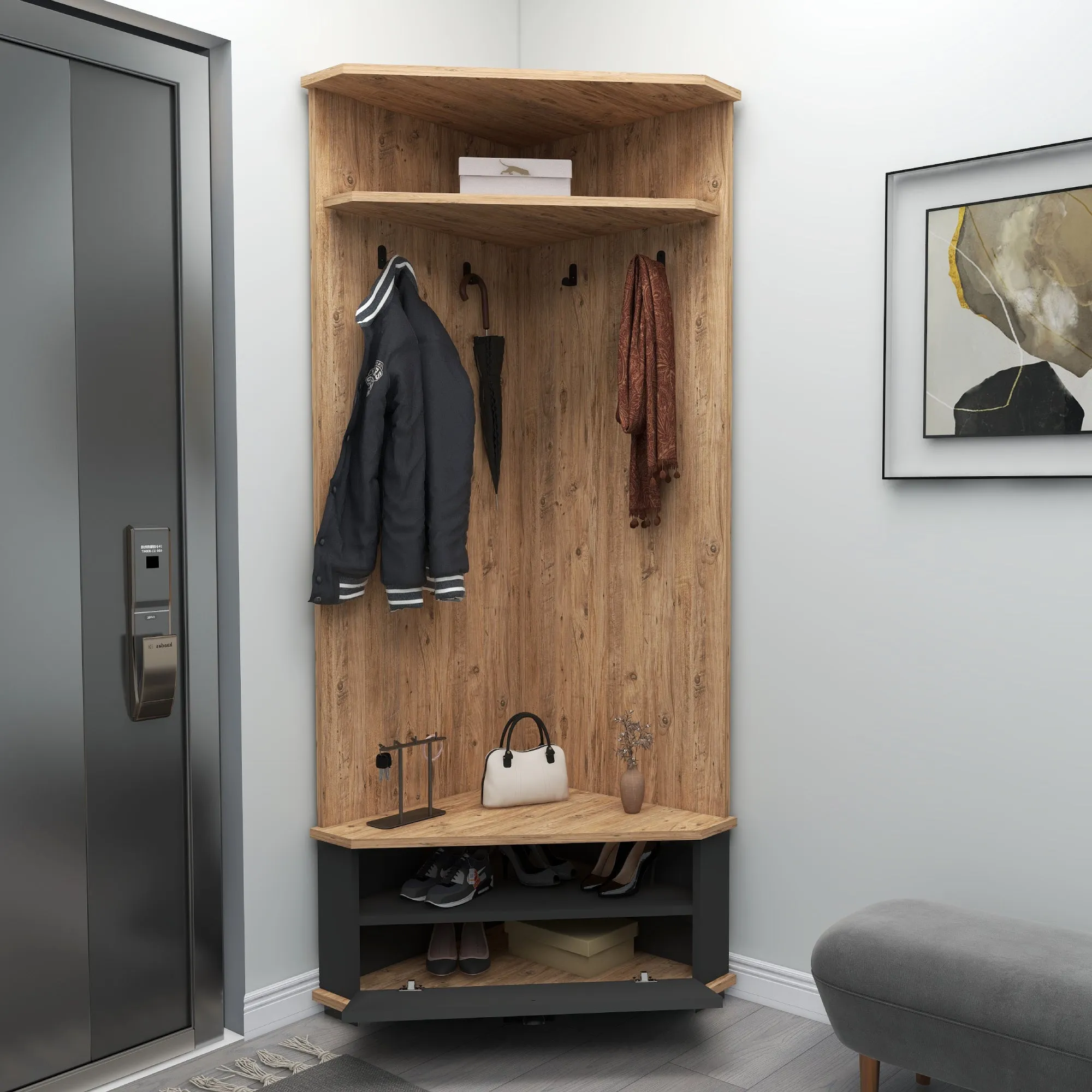 Corner Hallway Coat Rack with Cabinet Reina