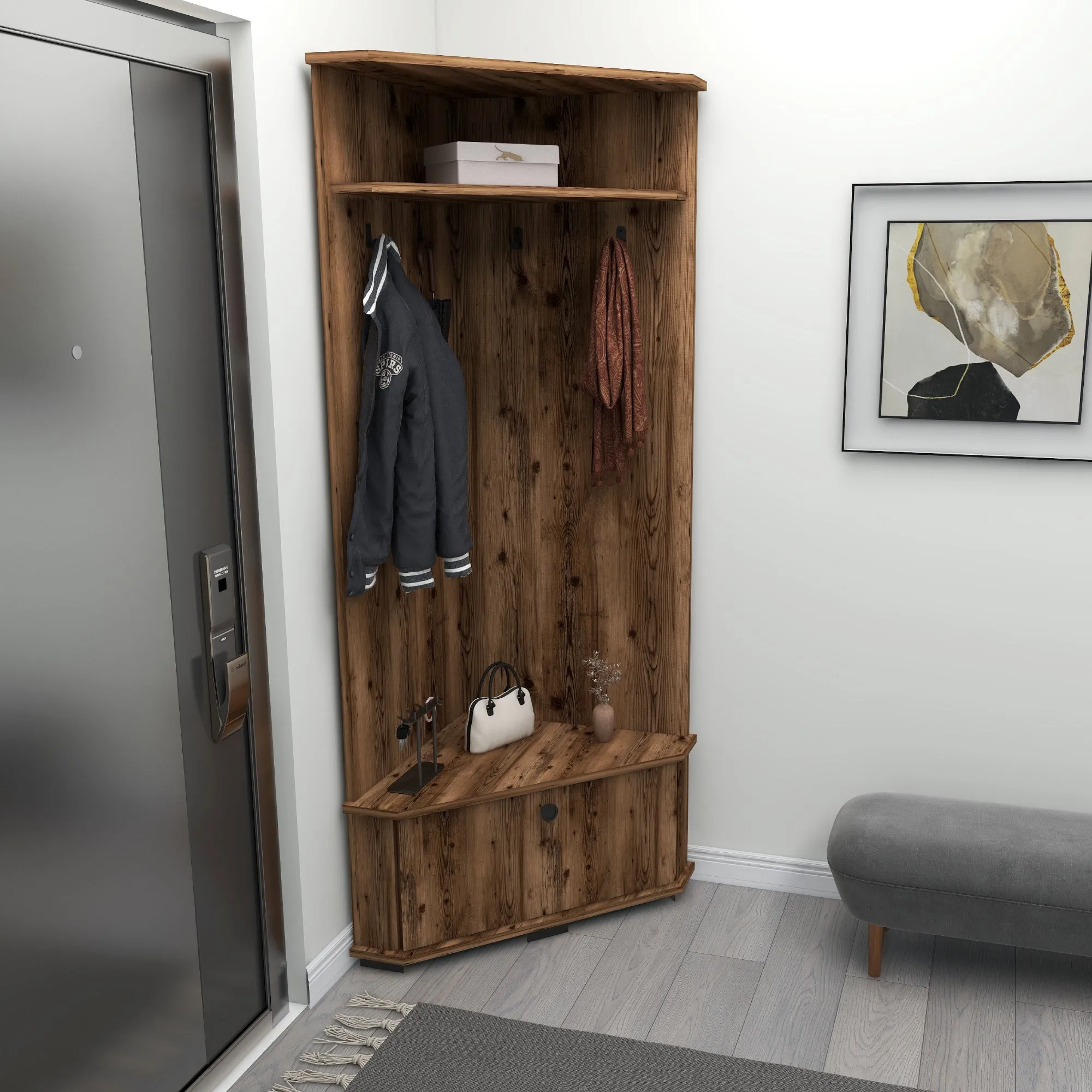 Corner Hallway Coat Rack with Cabinet Reina