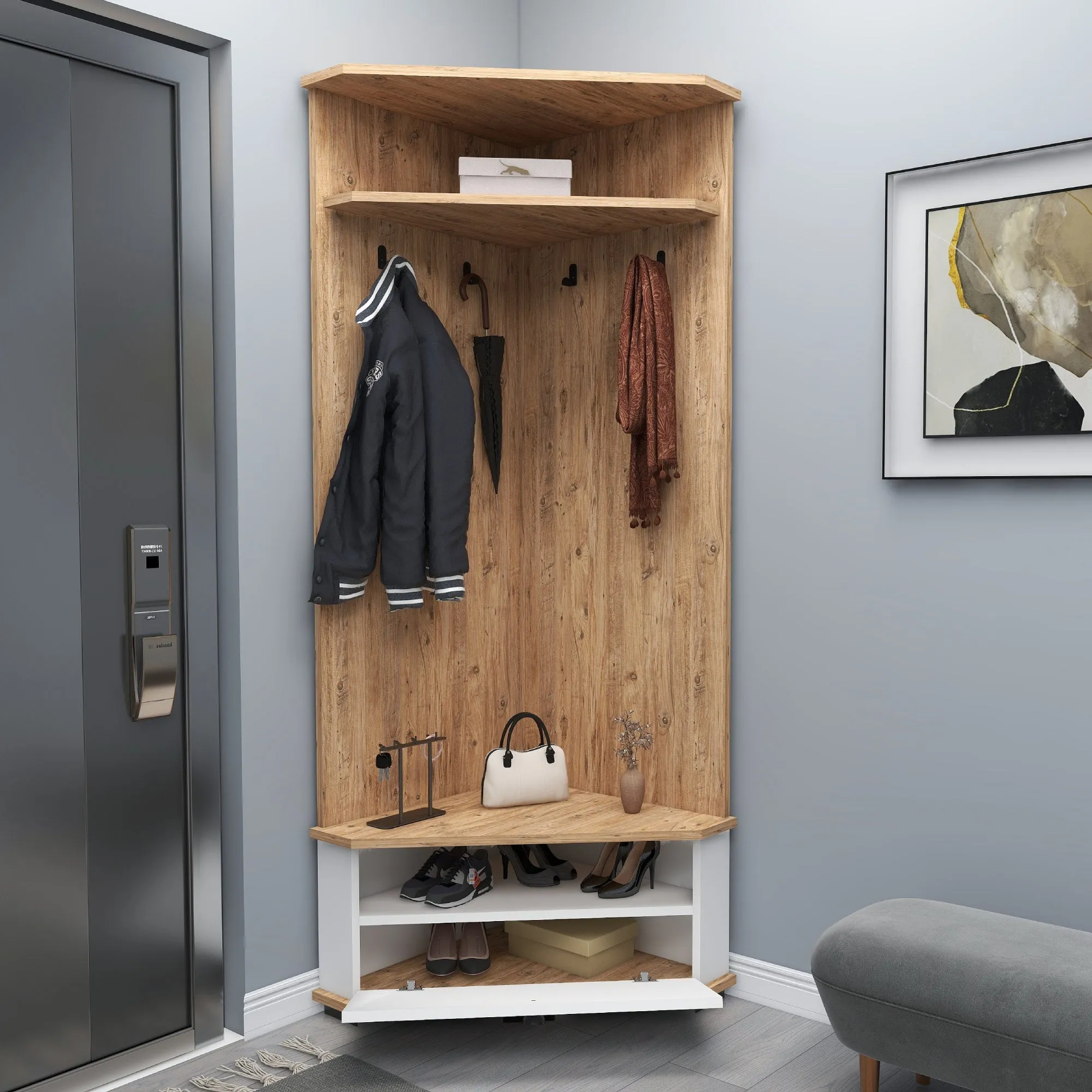 Corner Hallway Coat Rack with Cabinet Reina