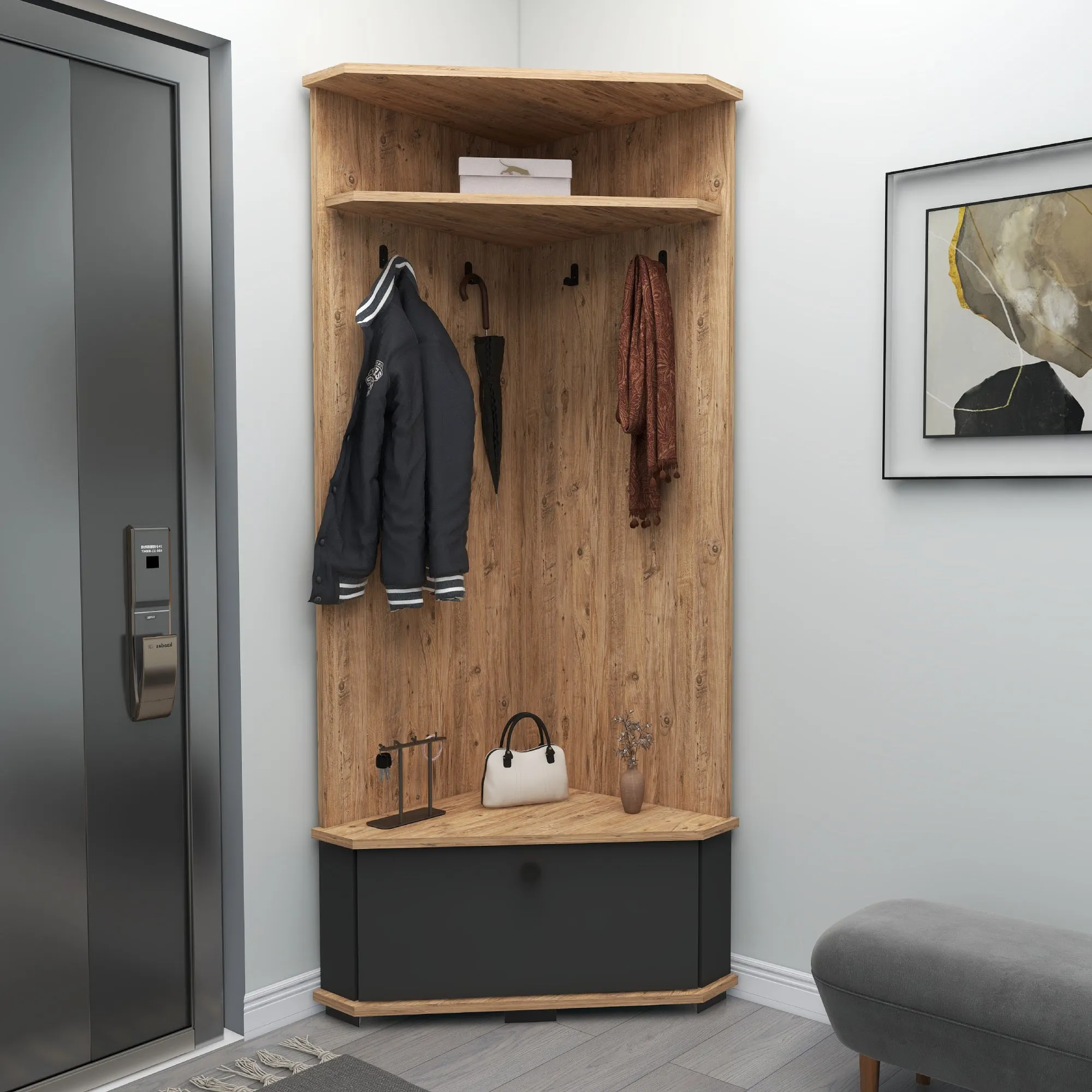 Corner Hallway Coat Rack with Cabinet Reina