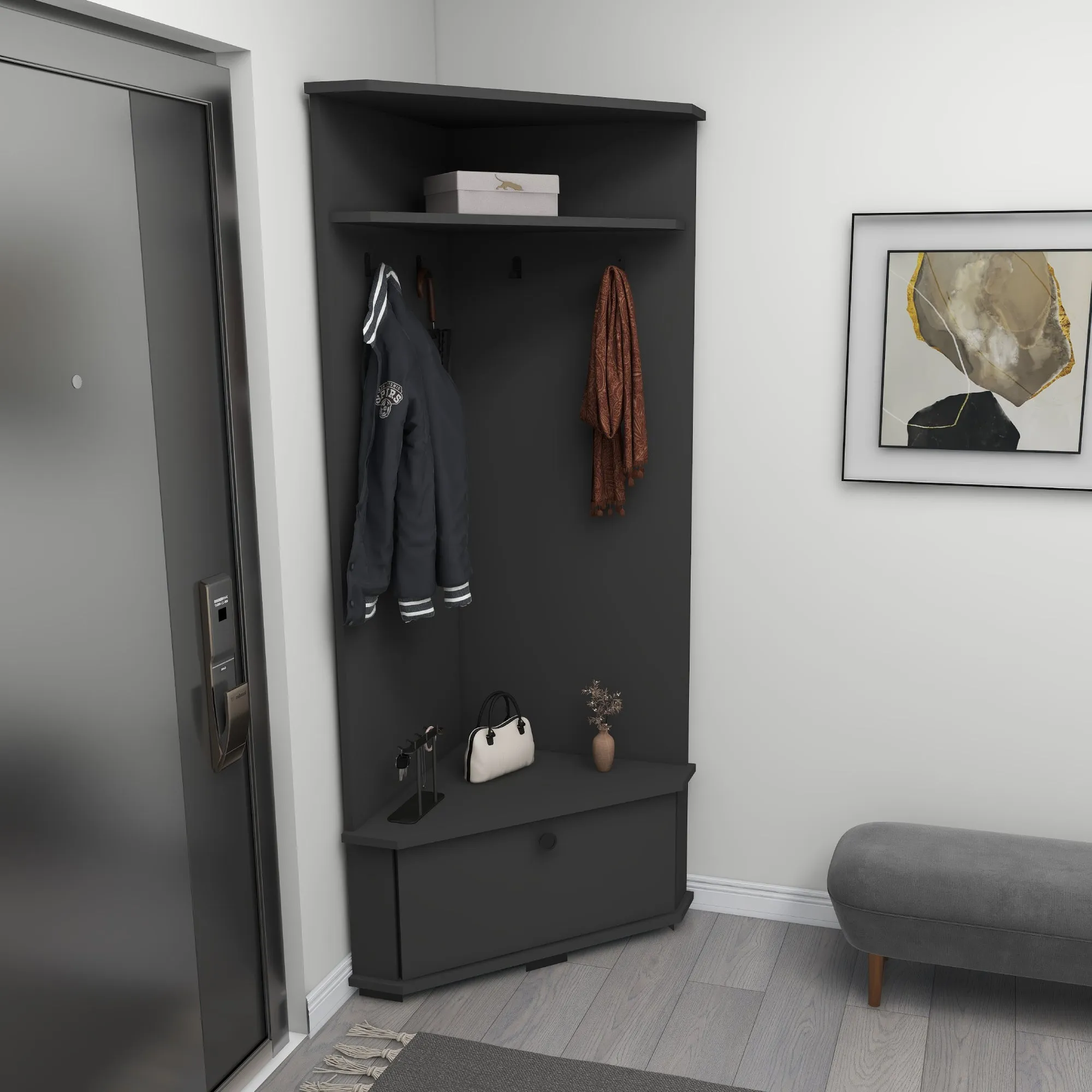 Corner Hallway Coat Rack with Cabinet Reina