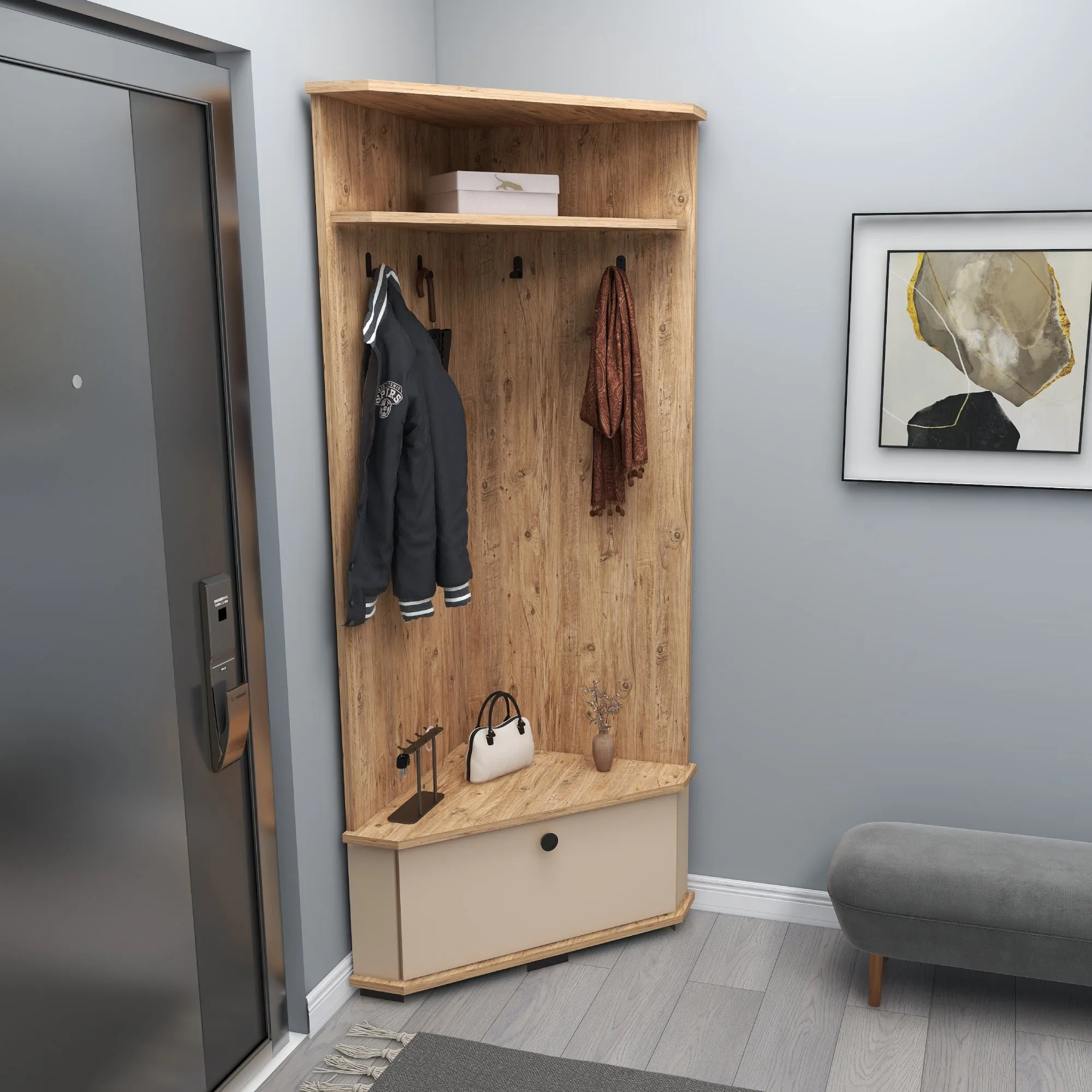 Corner Hallway Coat Rack with Cabinet Reina