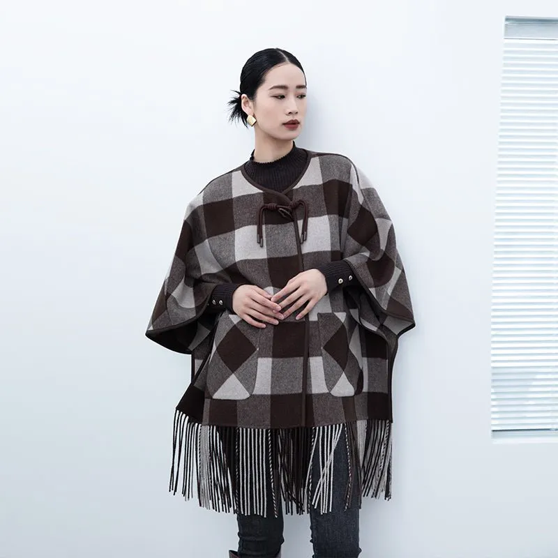 Dark Brown Grid Pattern Tassel Cloak Coats