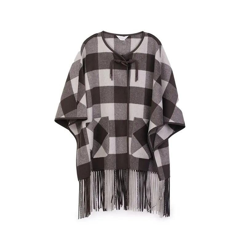 Dark Brown Grid Pattern Tassel Cloak Coats