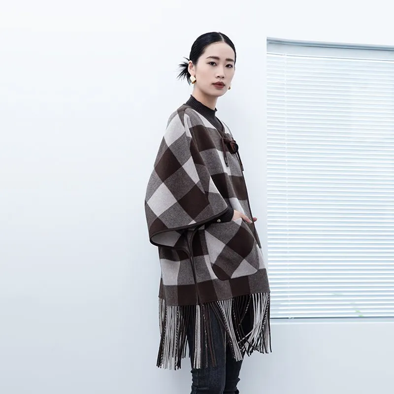 Dark Brown Grid Pattern Tassel Cloak Coats