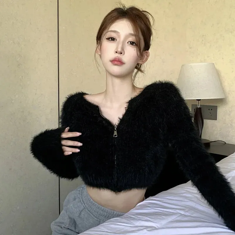 deanwangkt Coat Women's Sweater Top Knitted Cardigan Plush Off Shoulder Short Style Gentleness Mink Solid Color Zipper Design