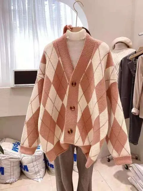 deanwangkt Korean Loose Winter Ladies Cardigan V-neck Check Plaid Coat Knitted Women's Sweater Long Sleeve Women Jacket QT1028