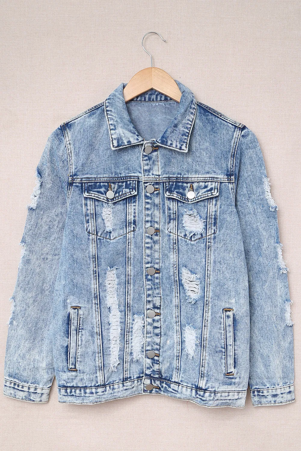 Distressed Buttons Washed Denim Jacket