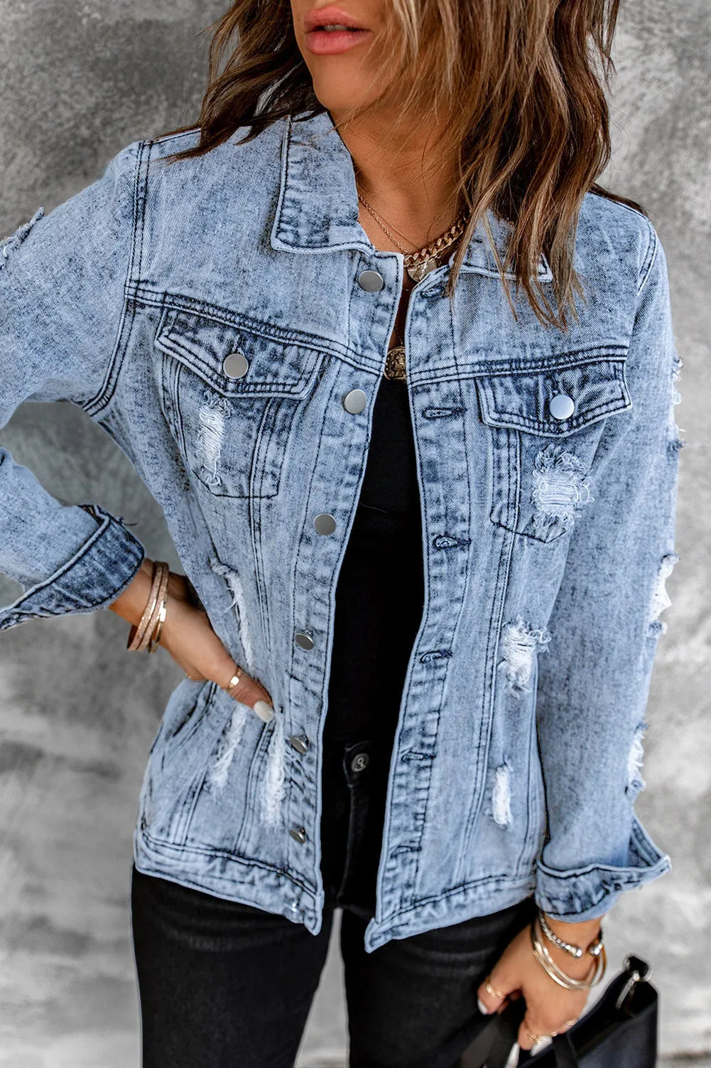 Distressed Buttons Washed Denim Jacket