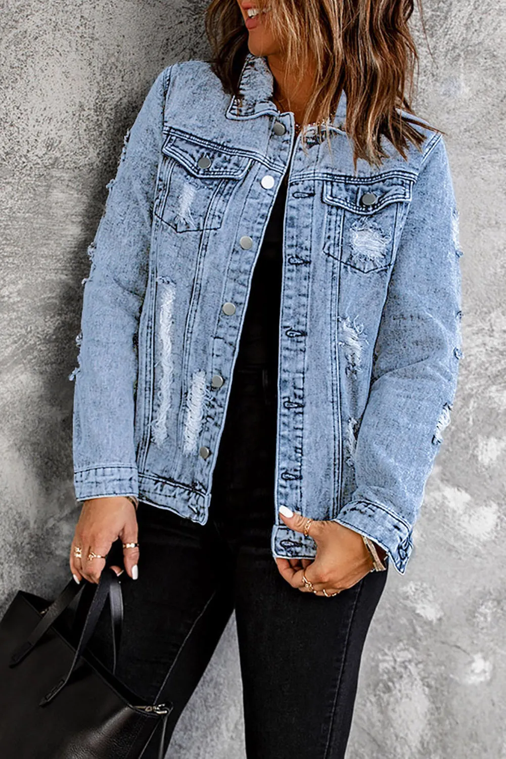 Distressed Buttons Washed Denim Jacket