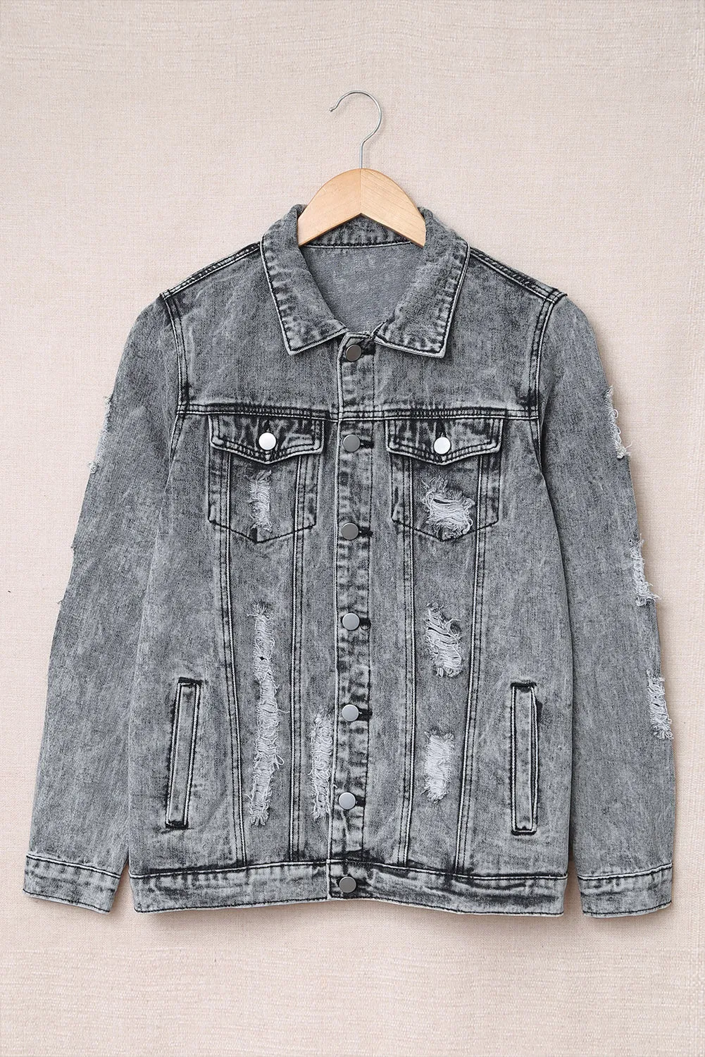 Distressed Buttons Washed Denim Jacket