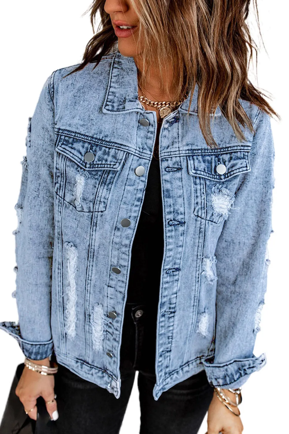 Distressed Buttons Washed Denim Jacket