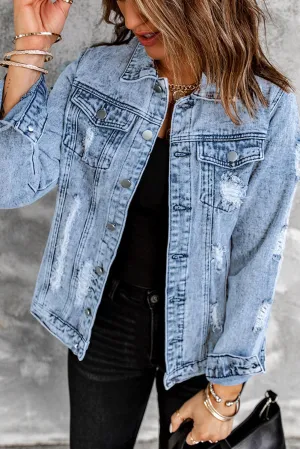 Distressed Buttons Washed Denim Jacket