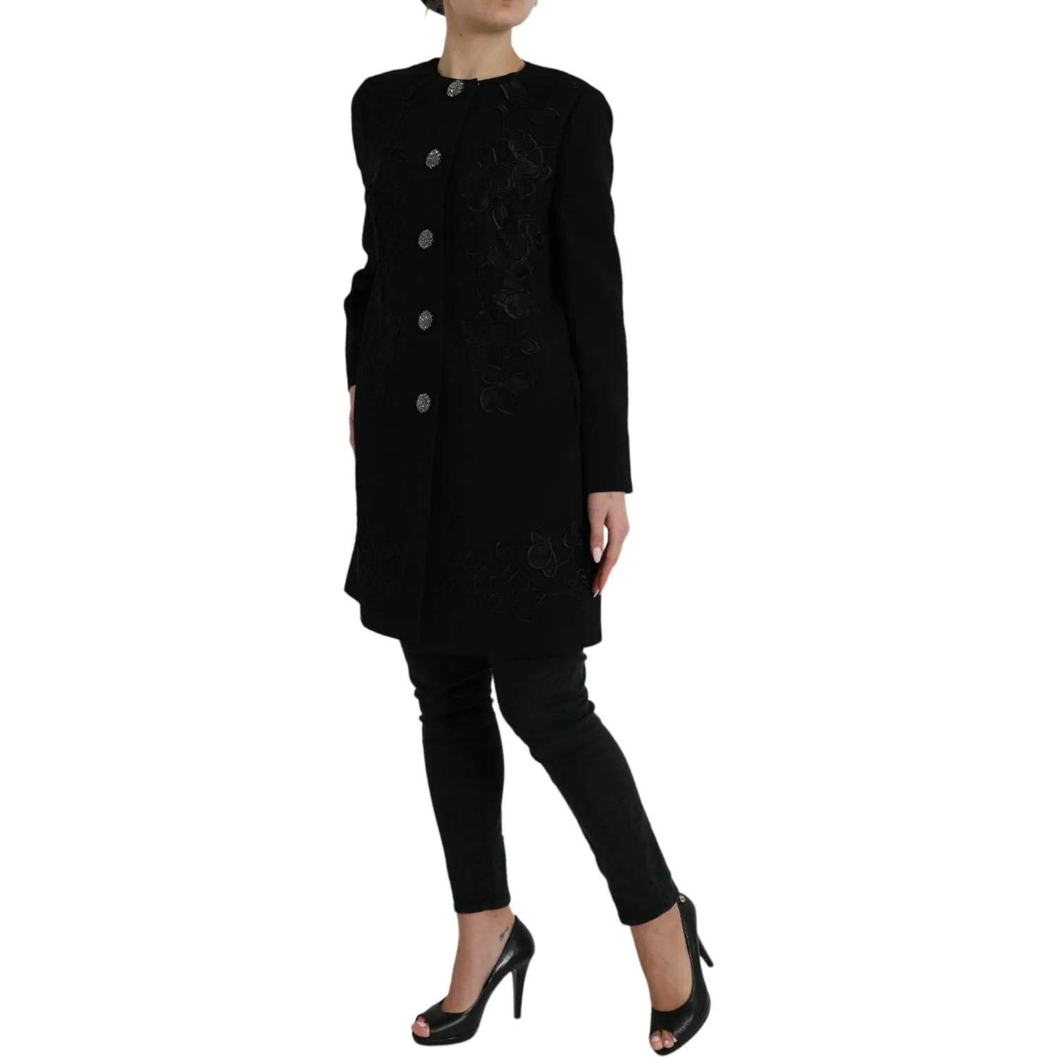 Dolce & Gabbana Elegant Floral Buttoned Wool Trench Coat