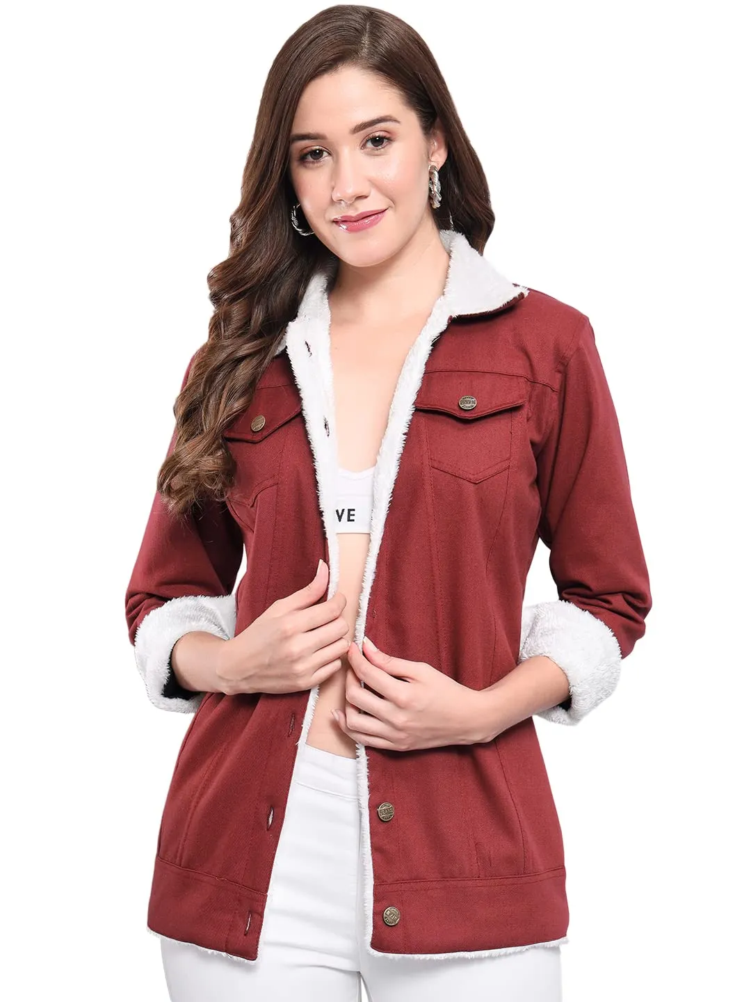 FUNDAY FASHION Cotton Blend Full Sleeve Solid Women Long Jacket (X-Large, Maroon)