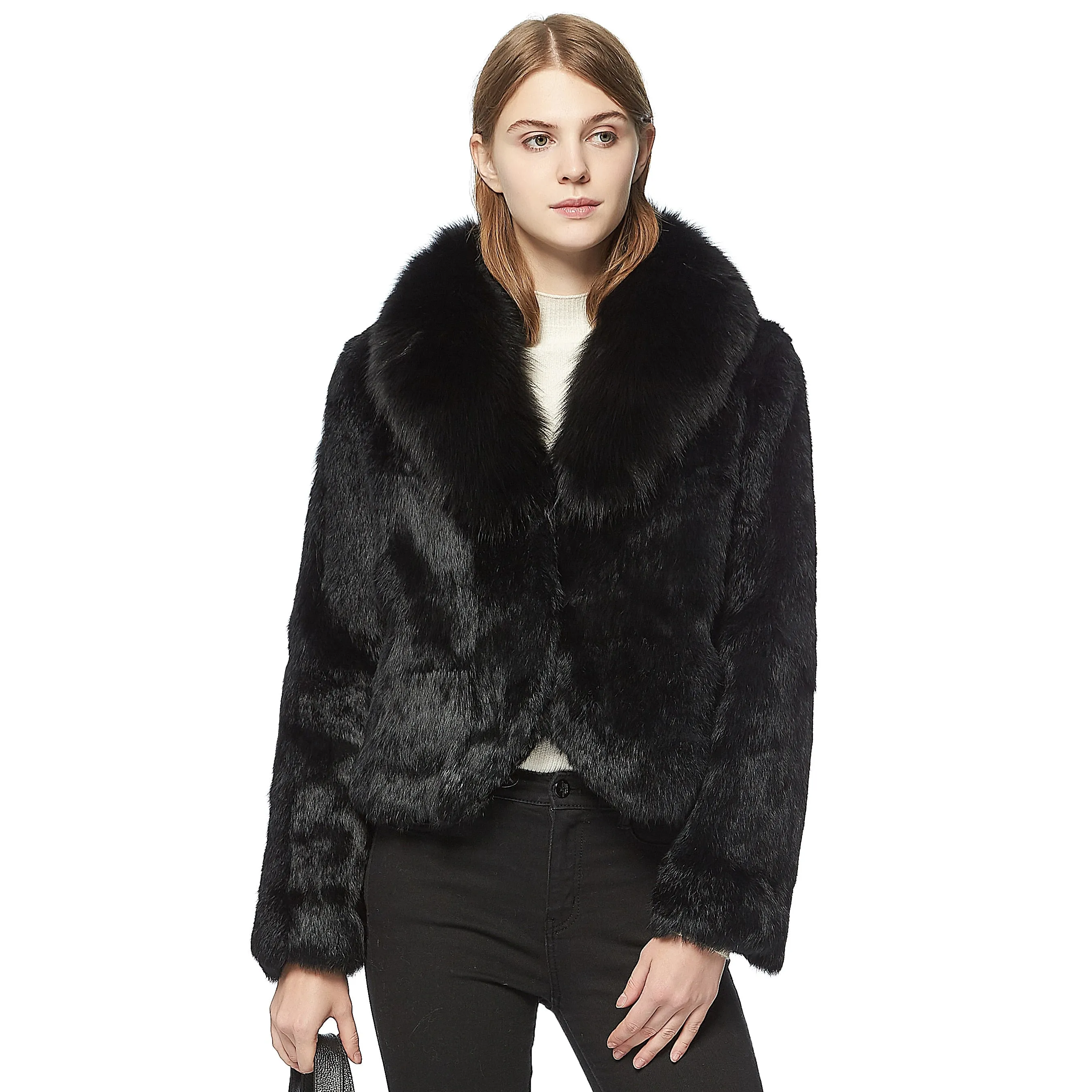 Genuine rabbit fur coat Finland fox fur collar womens' overcoat jacket 010157